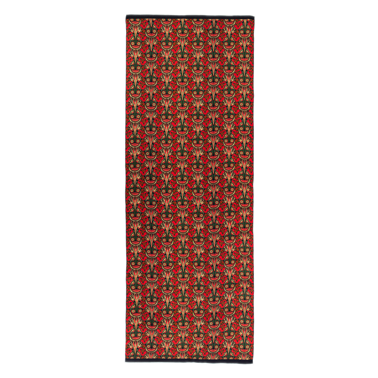 Full rectangular view of a red art nouveau scarf with vibrant green and gold ornamental motifs and a contrasting dark border