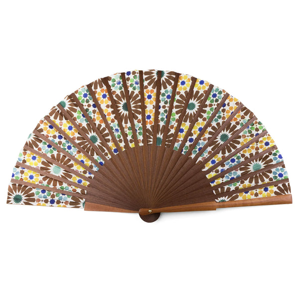 Brown and yellow silk and wood folding fan