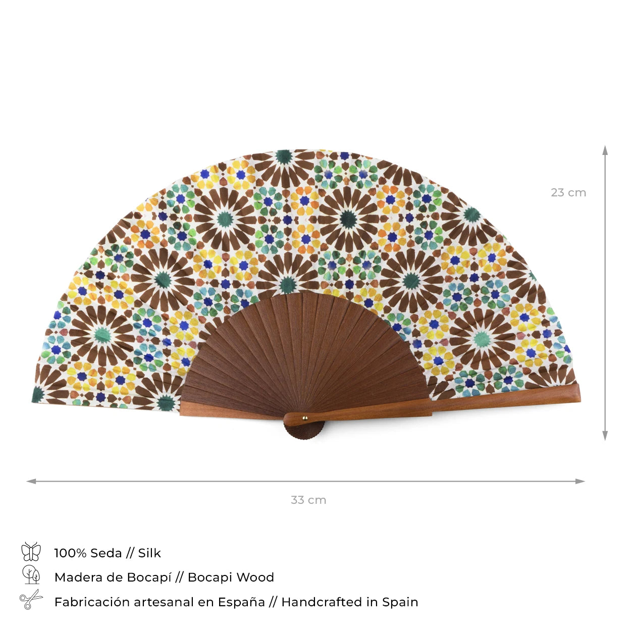 Details and composition of brown and yellow silk fan inspired by the tiles from the Alhambra of Granada