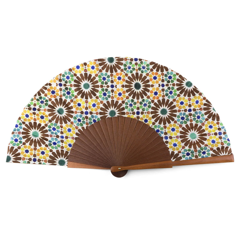 Brown and yellow silk hand fan inspired by islamic art tiles from the alhambra of Granada