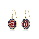 Gold, Burgundy and blue enamel earrings inspired by Islamic Art Motifs