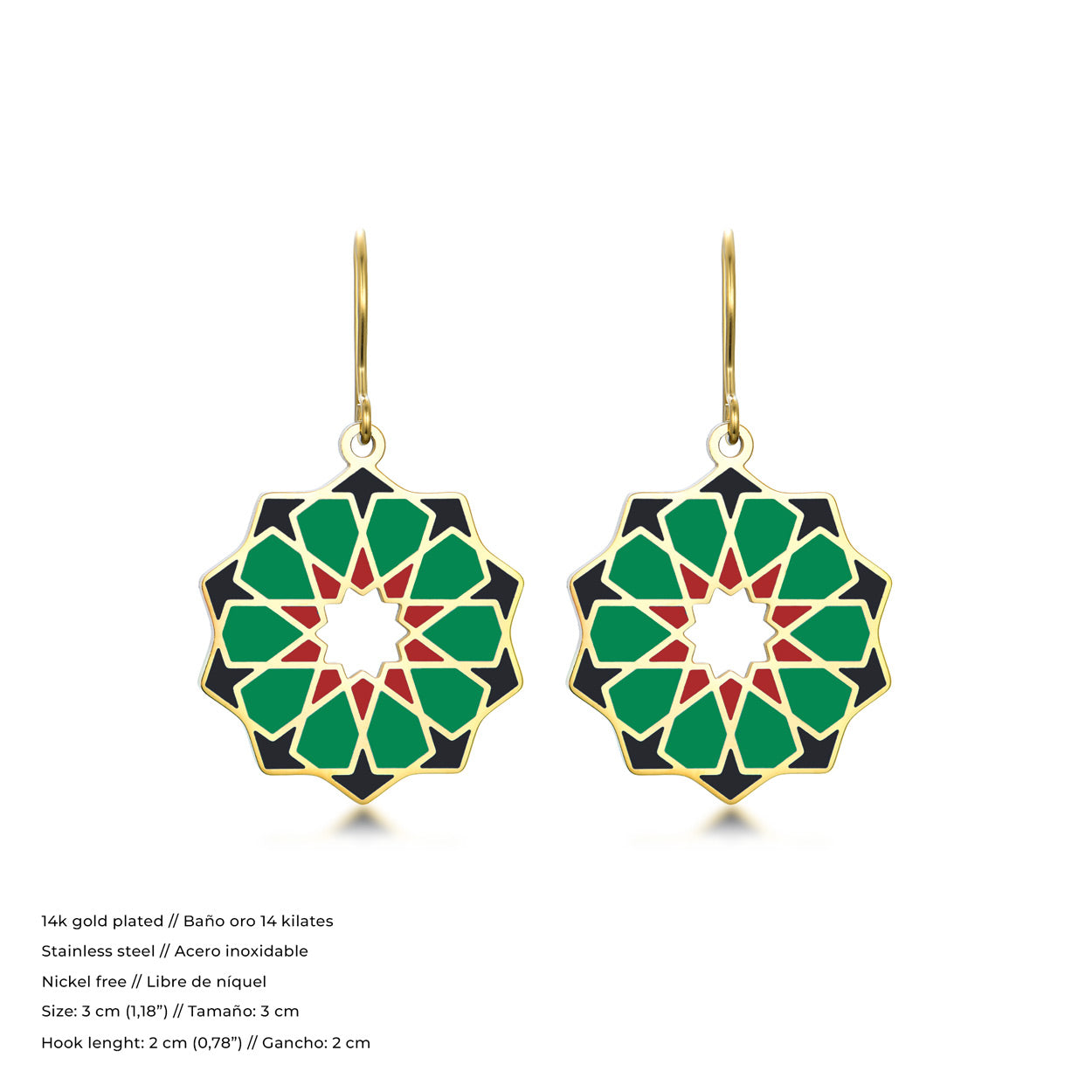 Gold plated dangle earrings with islamic pattern