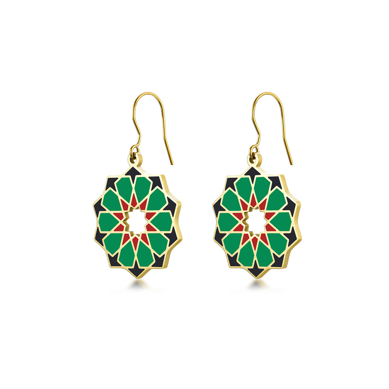 Green, black and red enamel earrings