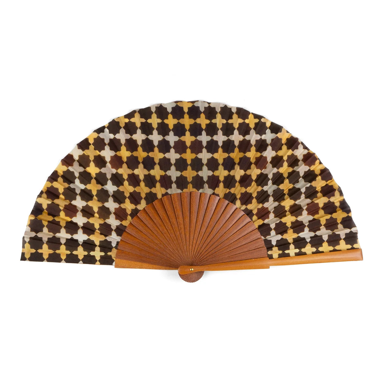 A beautifully handcrafted fan made from 100% silk, featuring a geometric Andalusian-inspired pattern in shades of brown, cream, and gold. The fan is paired with Bocapi wood for a rich, warm look.
