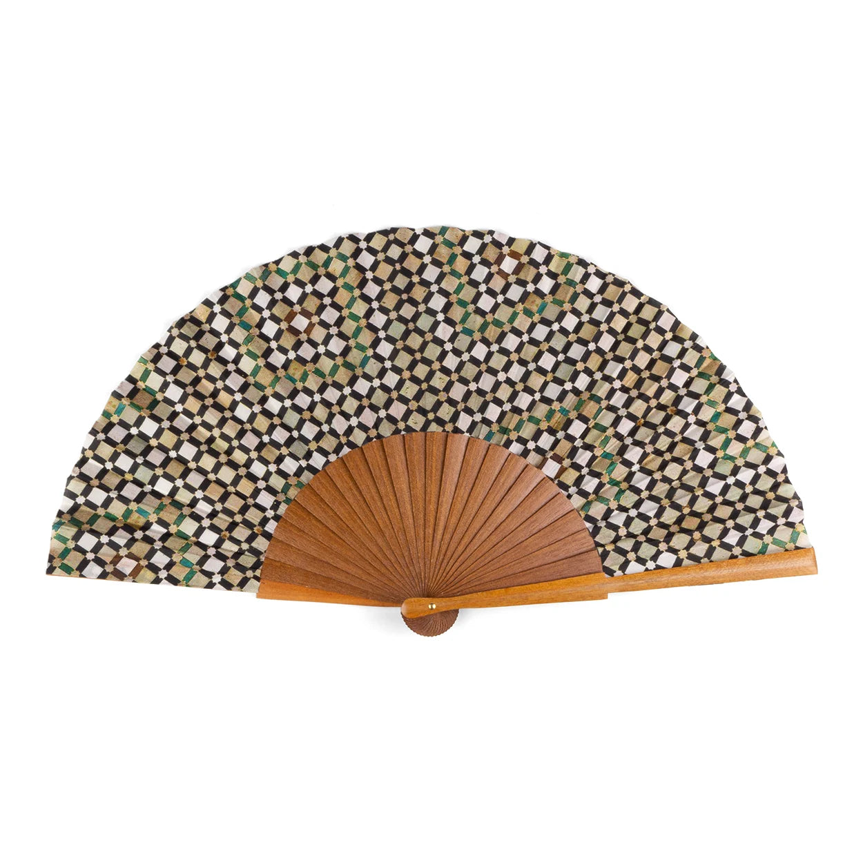 A beautifully crafted fan made from 100% silk, featuring a detailed geometric mosaic pattern in neutral and green tones. The fan is complemented by a Bocapi wood handle, blending traditional craftsmanship with modern design.
