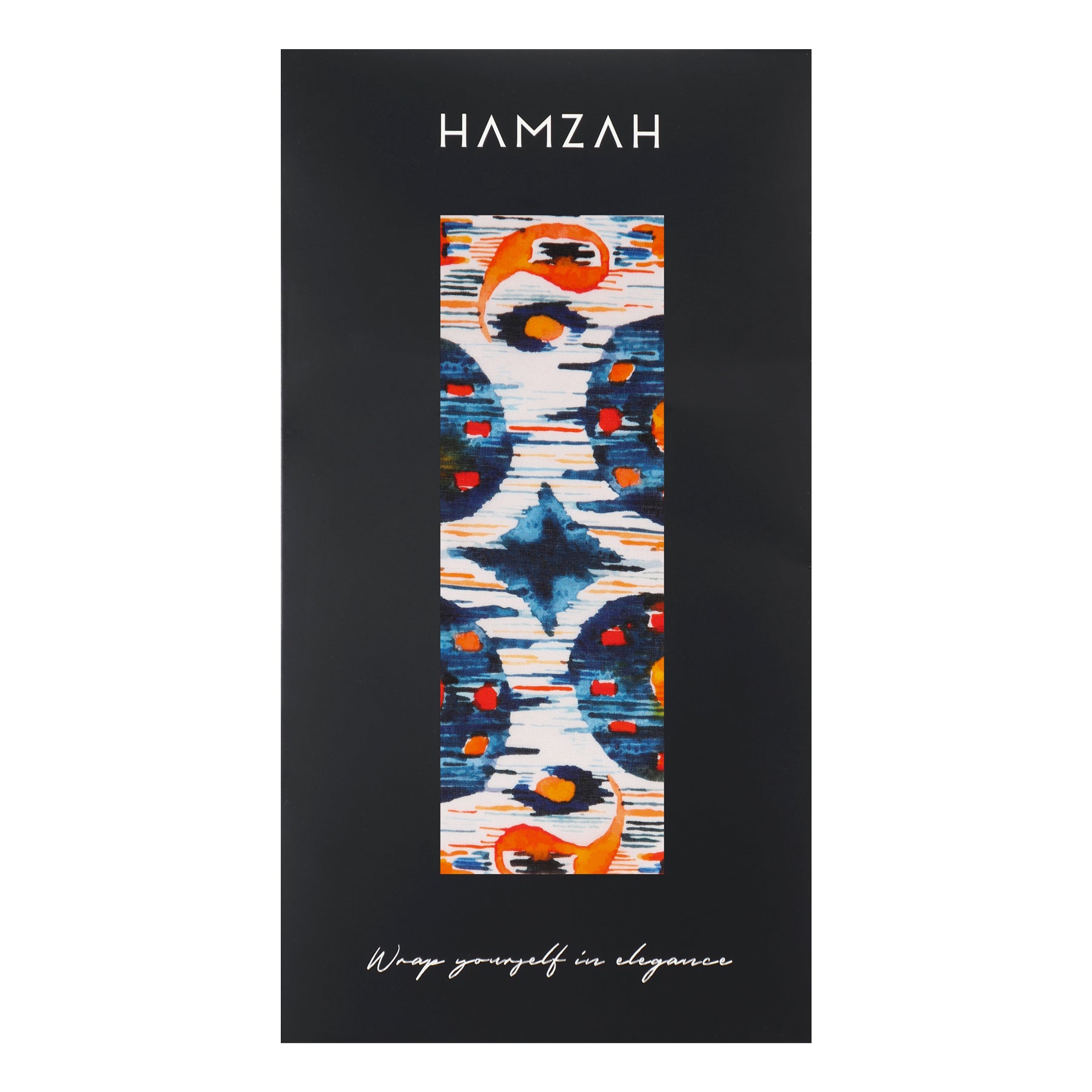 A White and Blue Habotai Silk Scarf with an Ikat print, inspired by Indonesian patterns, is displayed vertically on a black background. The brand name HAMZAH and the phrase Wrap yourself in elegance appear in white.