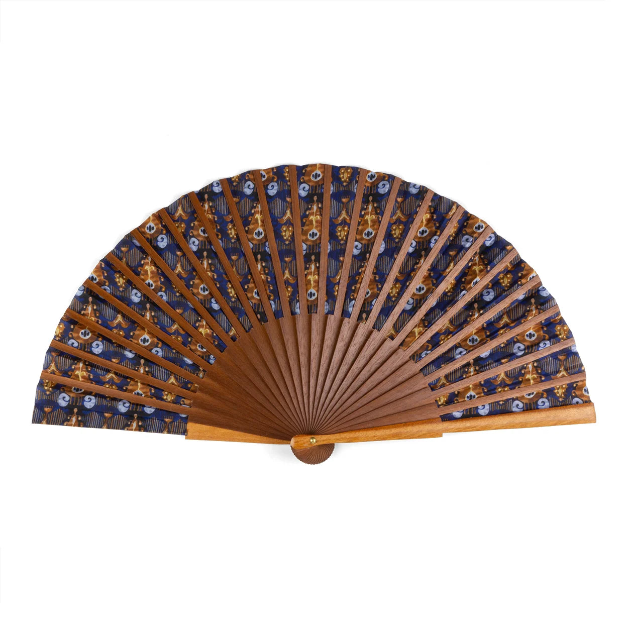 Elegant Ikat-inspired blue and gold silk fan, made from 100% silk and Bocapi wood, half opened.