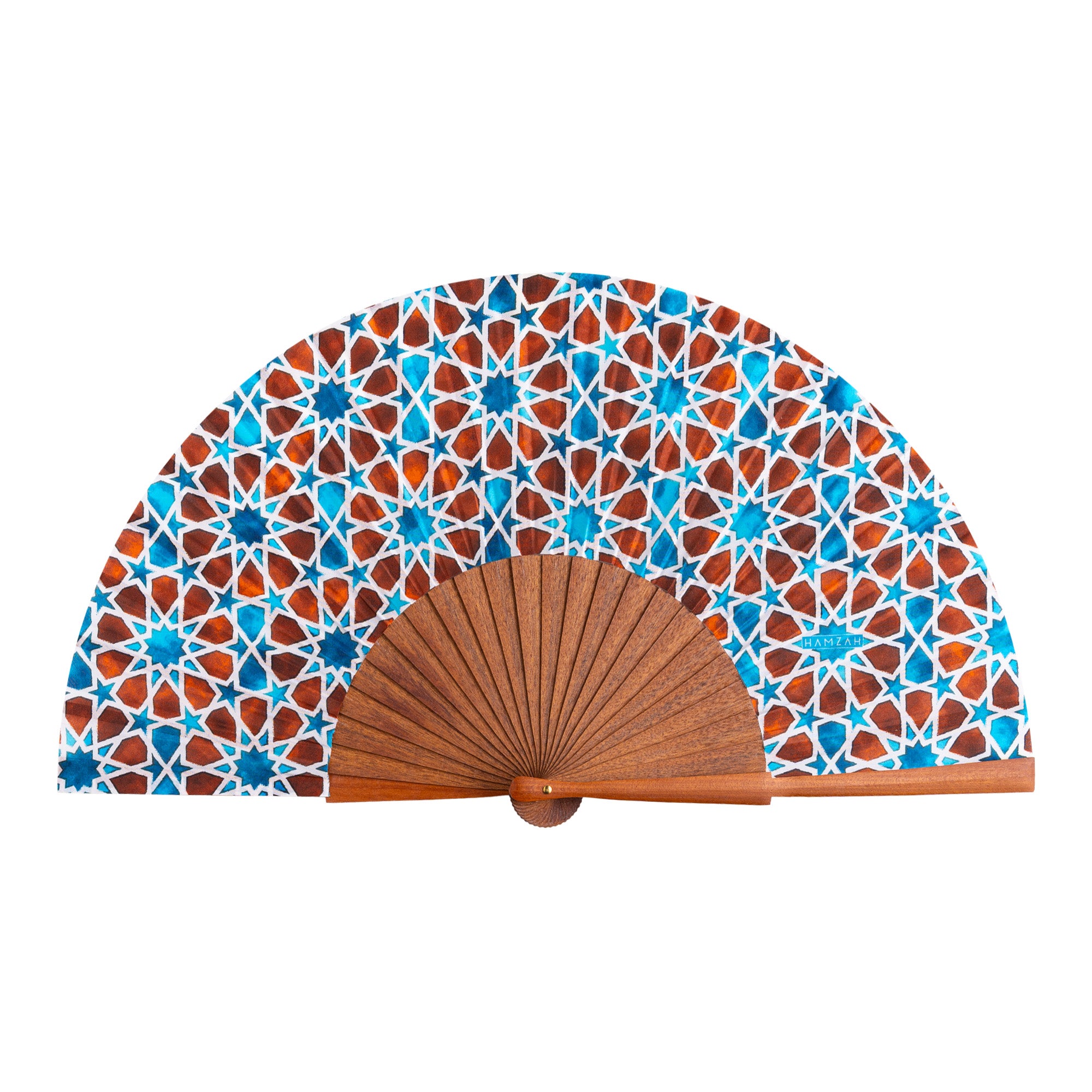 Brown & Blue Silk Fan Inspired by Islamic Art