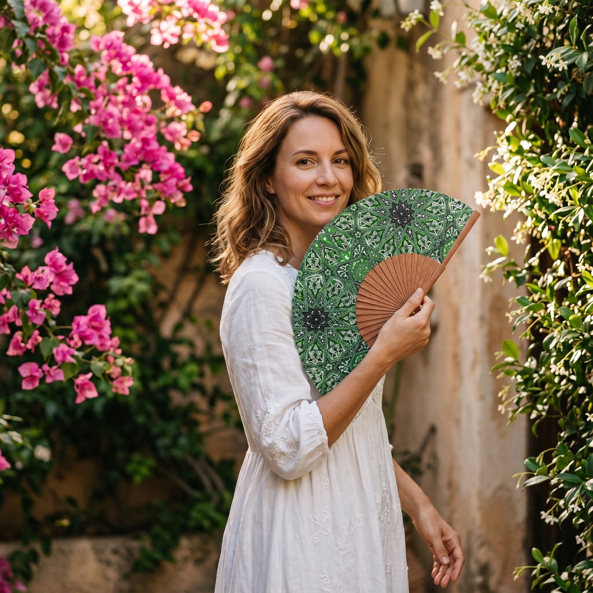 Green silk hand fan with wood Turkish