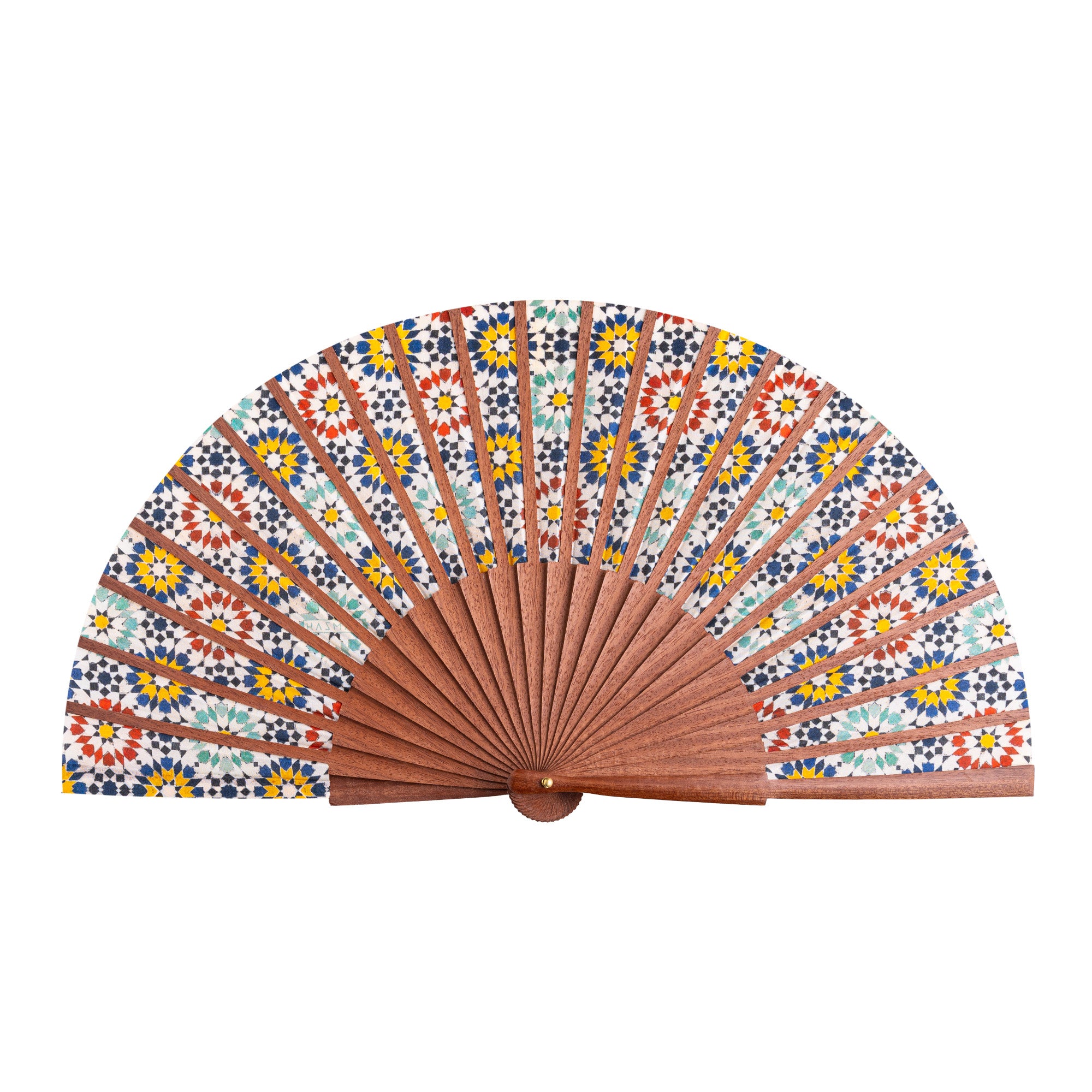 Moroccan tiles inspired Silk & Wood hand fan Fezi