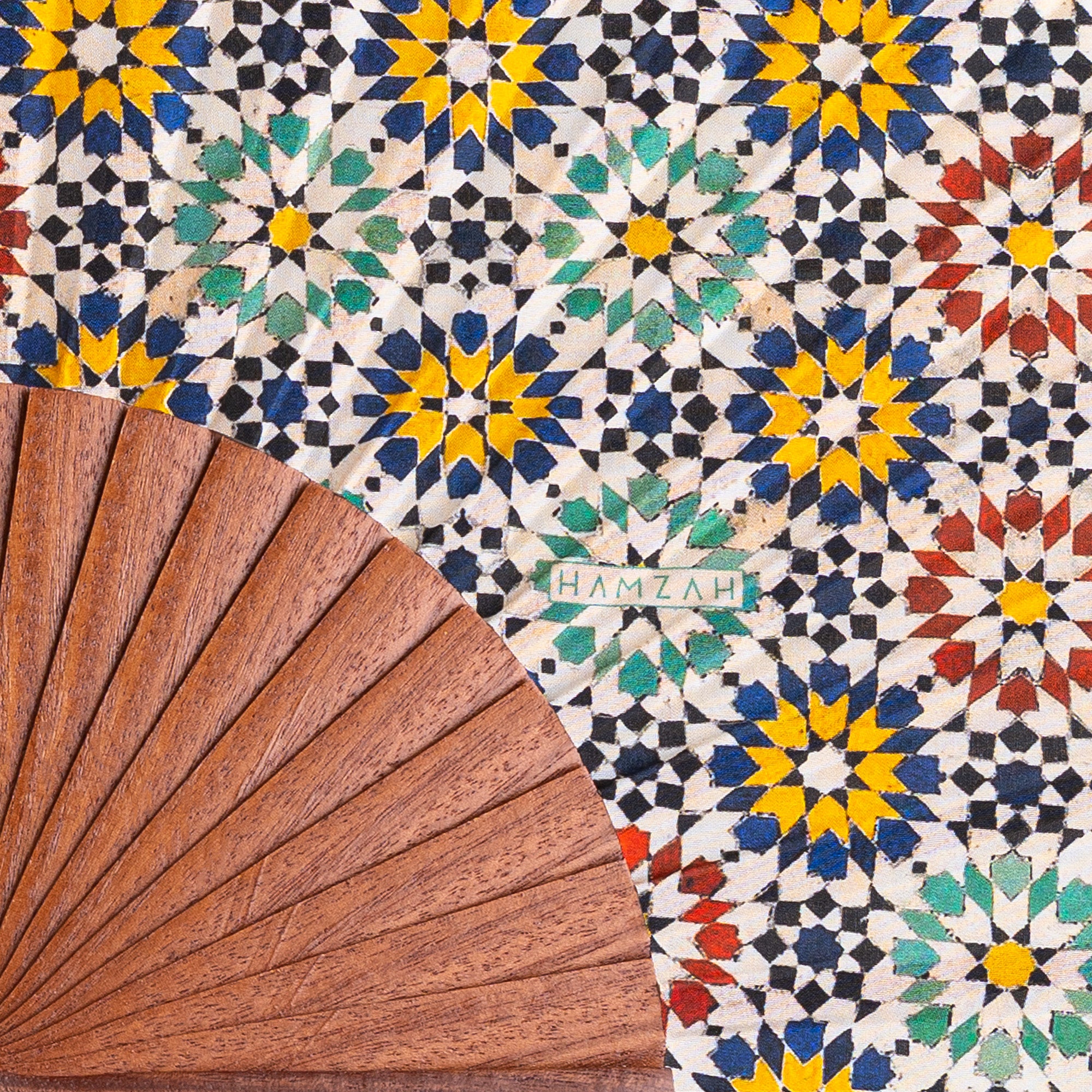 Moroccan tiles inspired Silk & Wood hand fan Fezi