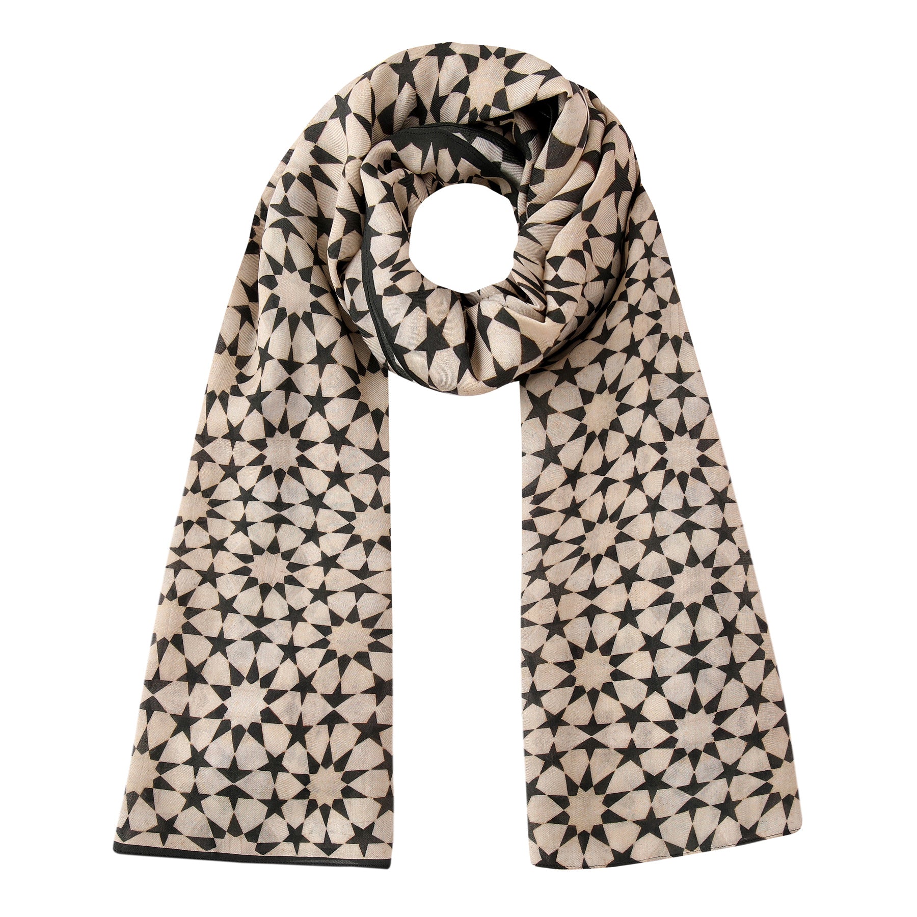 The Beige and Black Scarf - Sahara features an intricate geometric pattern inspired by Andalusí Islamic art, displayed flat in a loose loop with both ends hanging down.