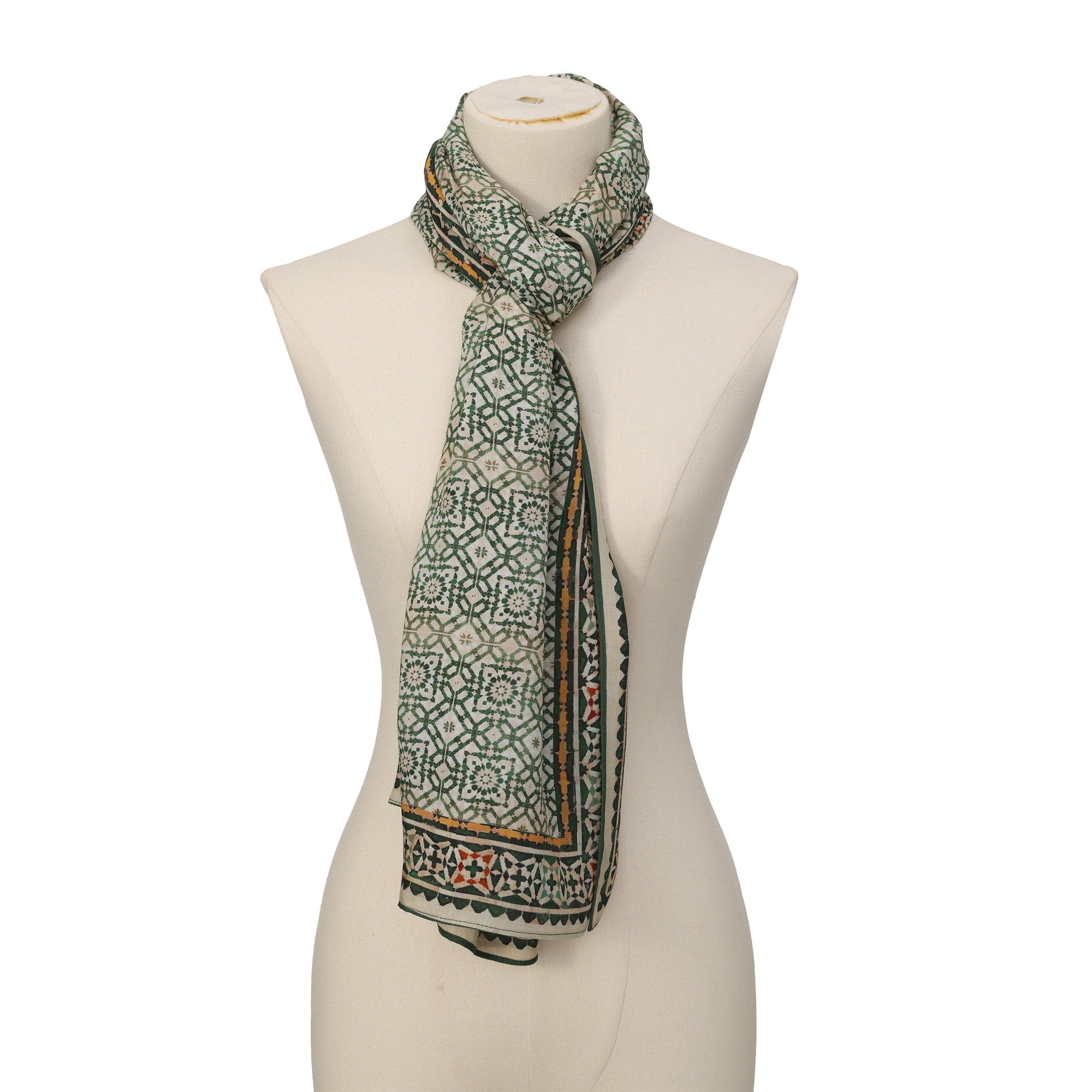 Green Modal Scarf Alhambra Lattice Azahar draped around the neck on a mannequin bust