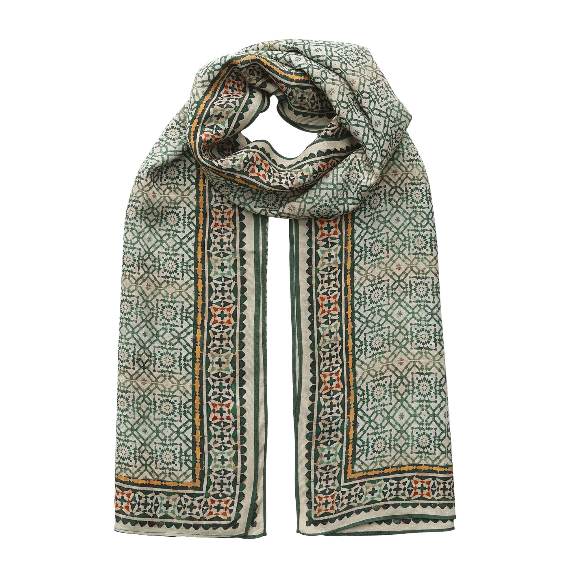 Green Modal Scarf Alhambra Lattice Azahar looped and hanging against a white background
