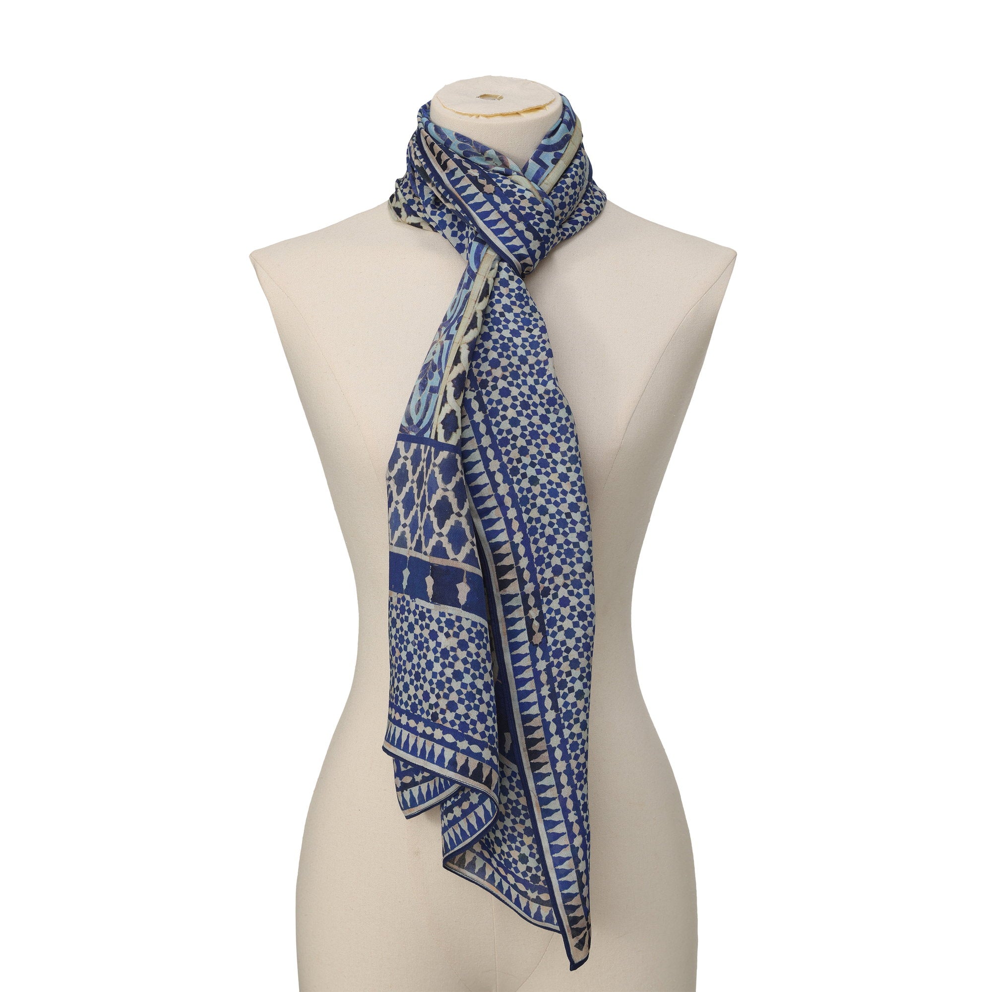 Blue Modal Scarf Andalusian Tiles Almunia draped around the neck on a mannequin bust