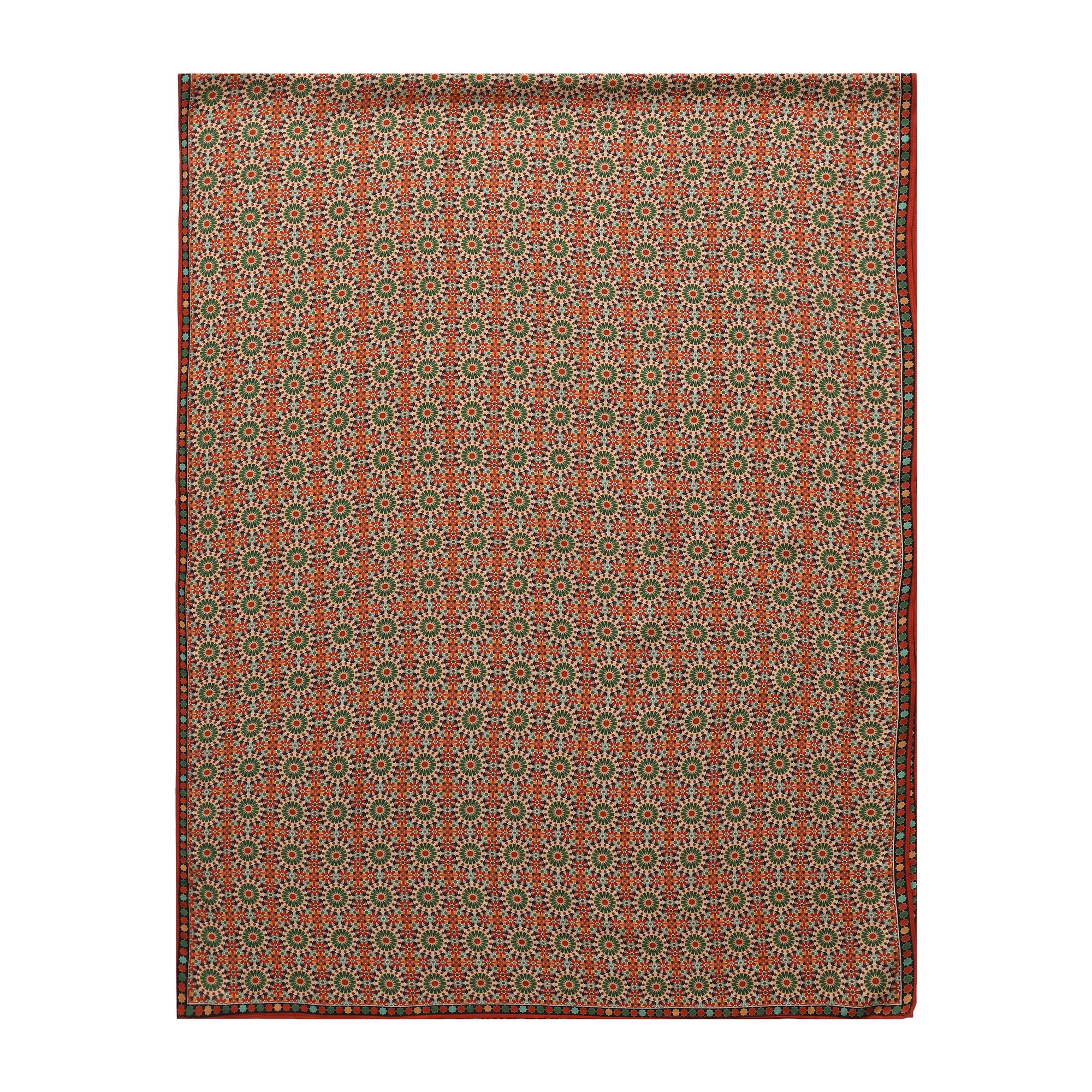 Red and Green Modal Scarf Mosaic Rosettes Zubaida shown flat with the full print and its border