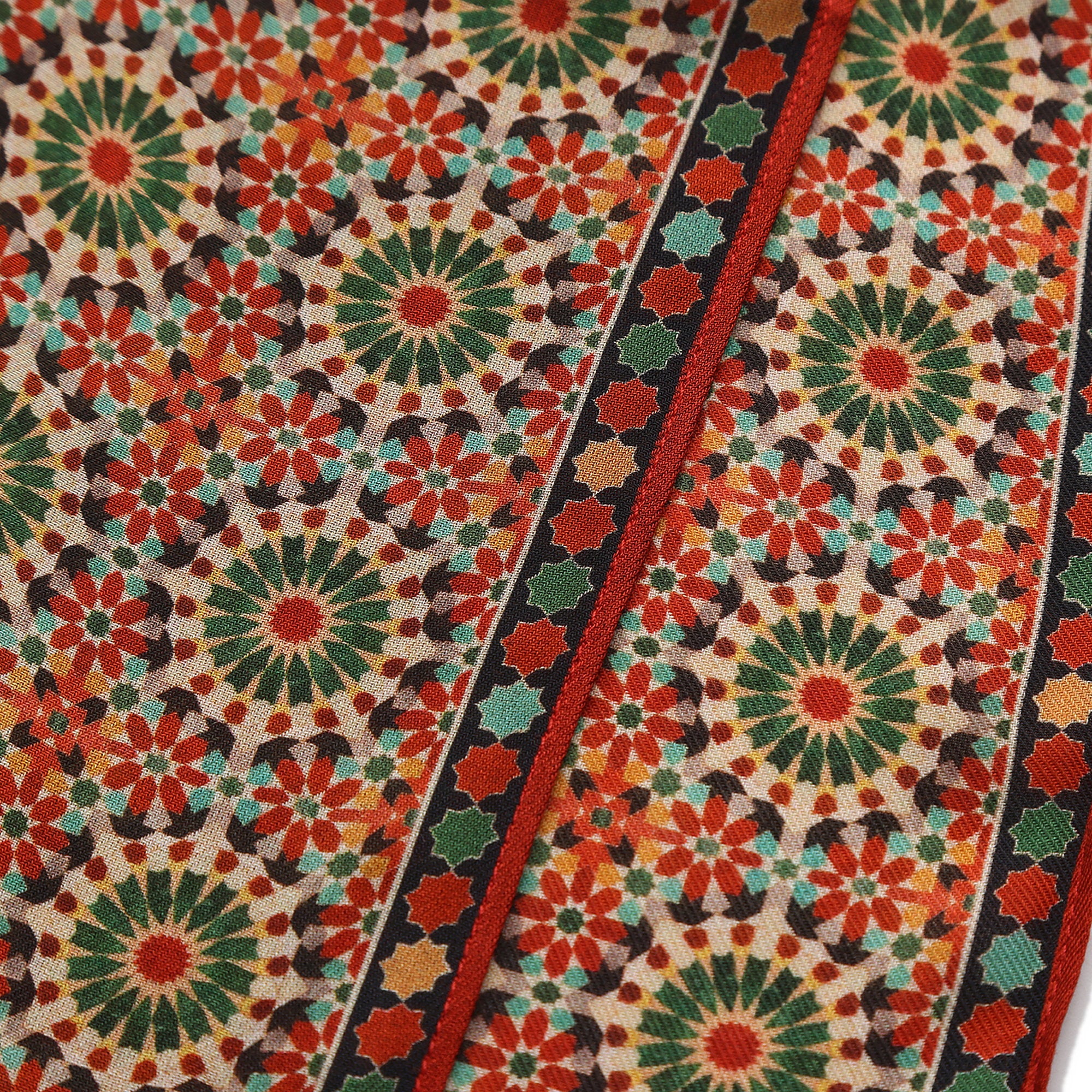 Edge and border detail of the Red and Green Modal Scarf Mosaic Rosettes Zubaida
