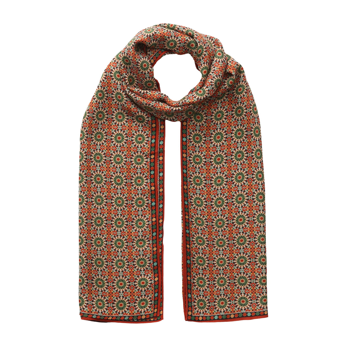 Red and Green Modal Scarf Mosaic Rosettes Zubaida looped and hanging against a white background