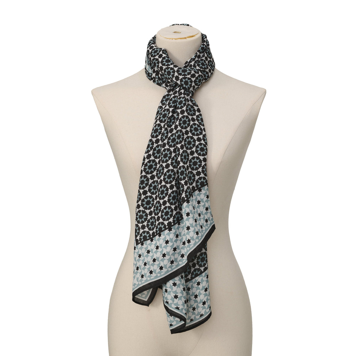Black and Grey Modal Scarf Star Lattice Zoraida draped around the neck on a mannequin bust