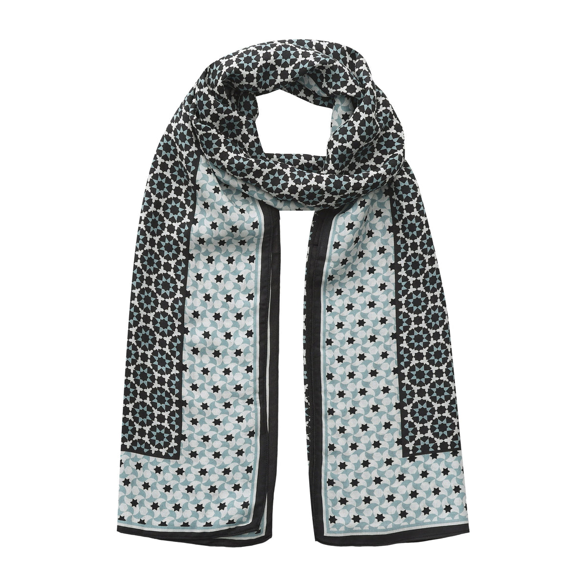 Black and Grey Modal Scarf Star Lattice Zoraida looped and hanging against a white background