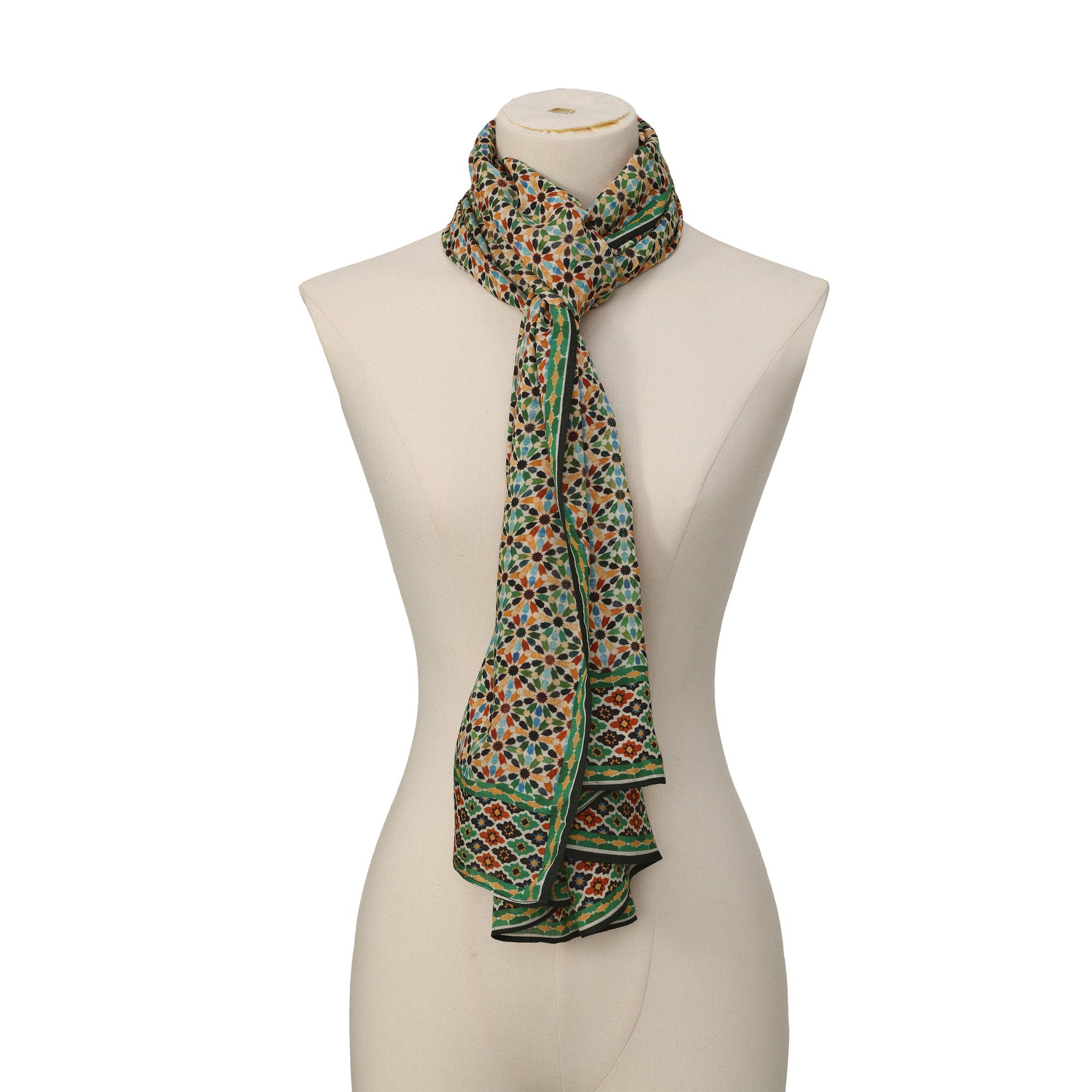 Multicolor Modal Scarf Alhambra Stars Naima draped around the neck on a mannequin bust