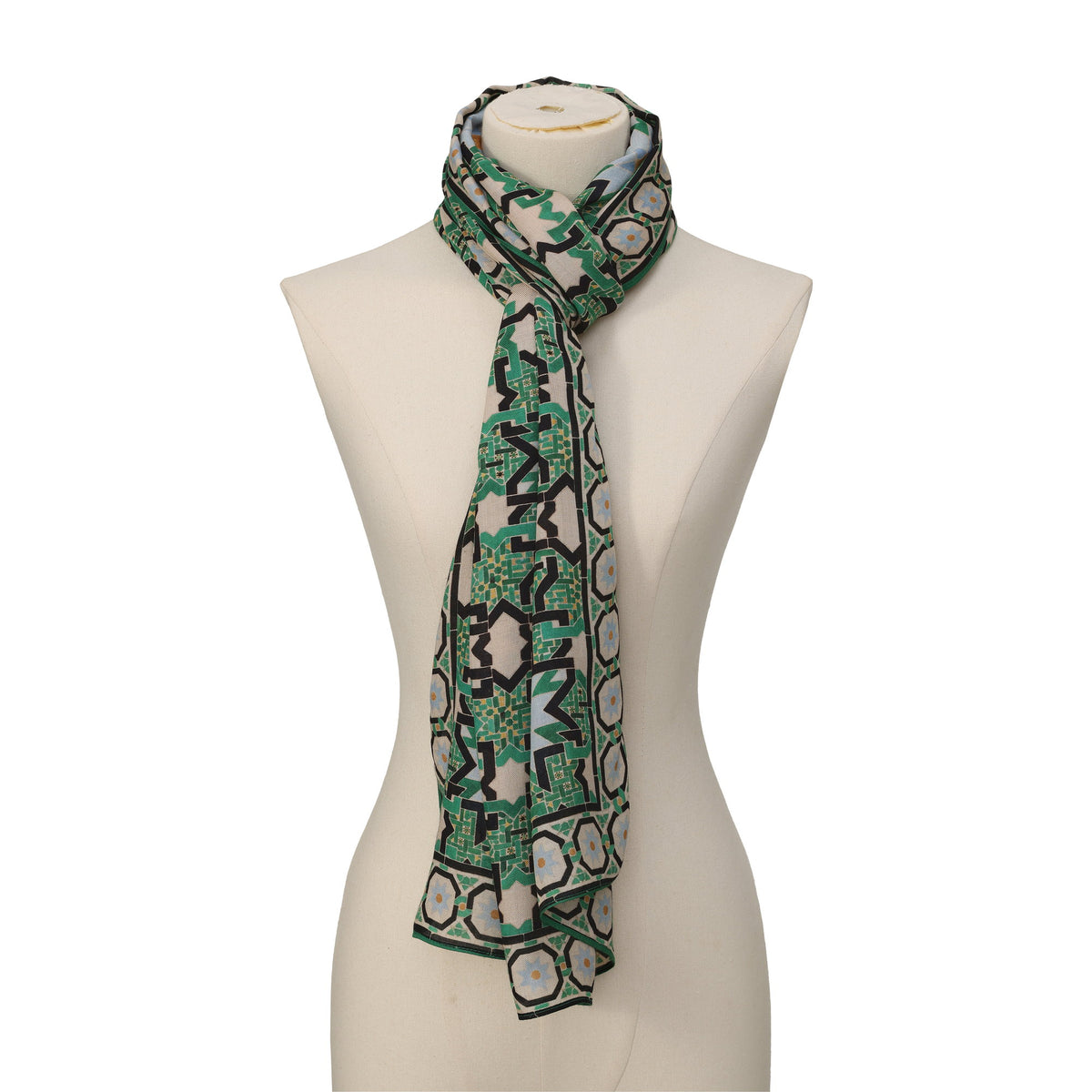 Green Modal Scarf Alhambra Interlace Salma draped around the neck on a mannequin bust