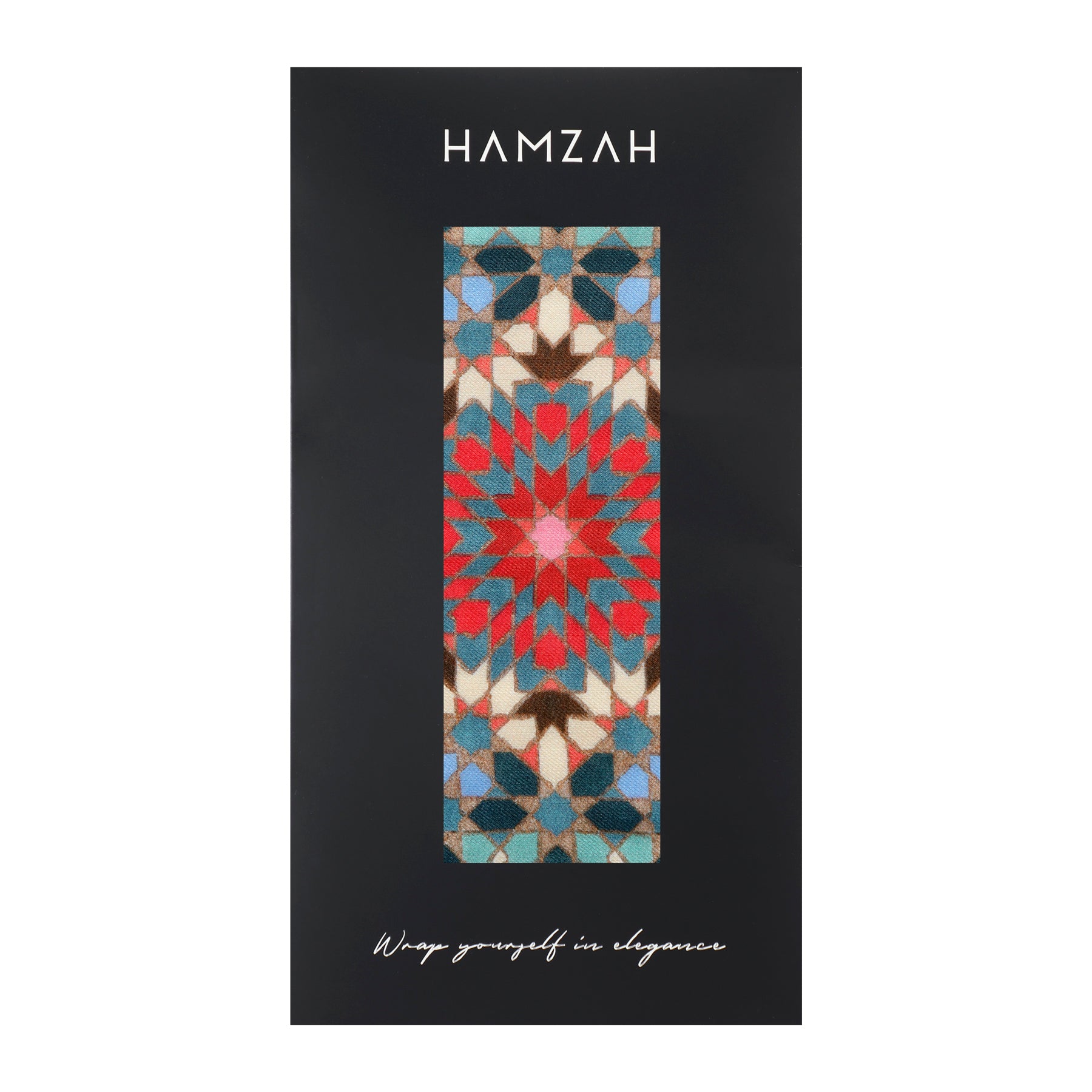 The rectangular packaging displays HAMZAH at the top, a vibrant Multicolor Scarf Inspired by Alhambra Tiles in the center, and the tagline Wrap yourself in elegance at the bottom.