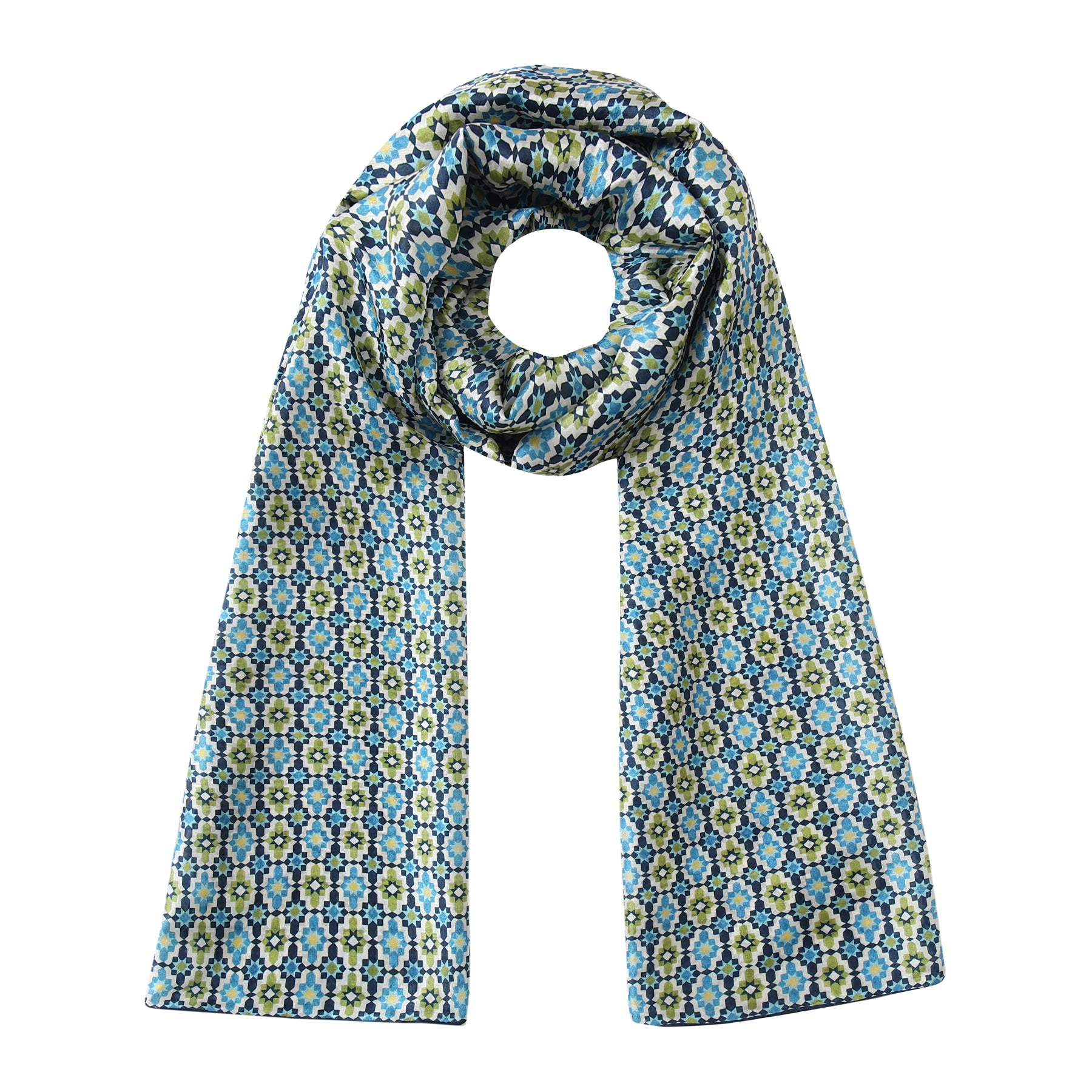Blue Silk Scarf Alhambra Rosettes Ayad looped and hanging against a white background
