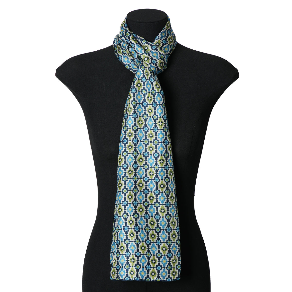 Blue Silk Scarf Alhambra Rosettes Ayad draped around the neck on a mannequin bust