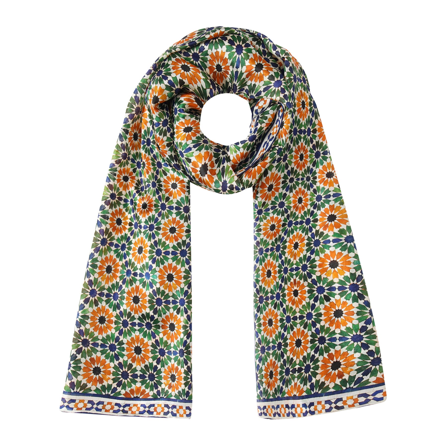 Orange and Green Silk Scarf Alhambra Stars Nur looped and hanging against a white background