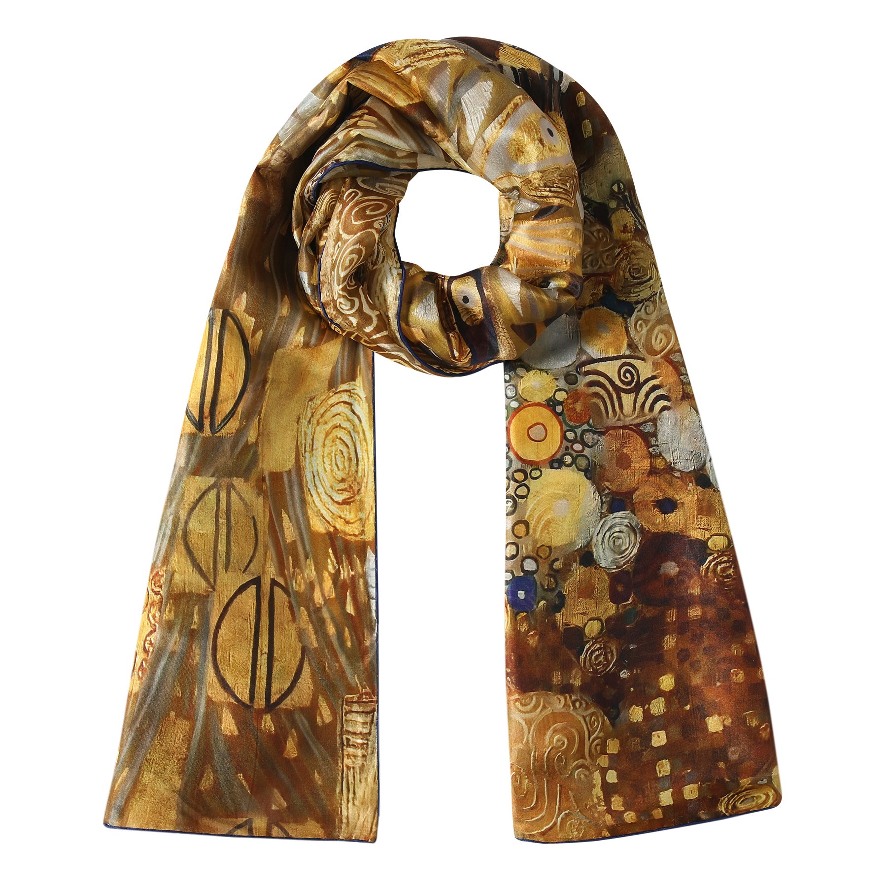 The G. Klimt inspired Silk Scarf features intricate golden, brown, and yellow geometric and abstract patterns reminiscent of Klimt's Water Serpents, styled here in a loose circular knot.