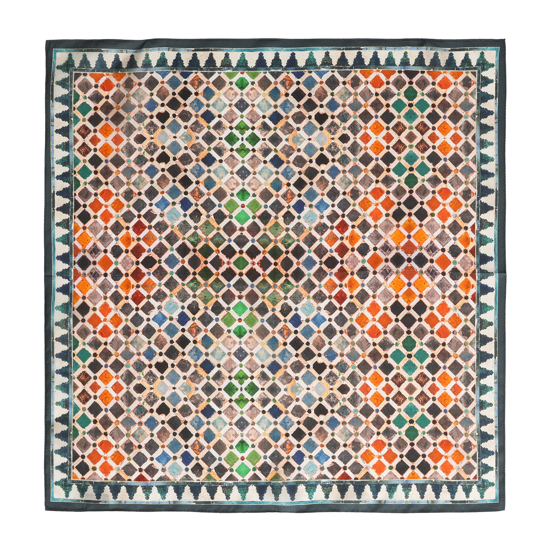 The Colorful Square Scarf Comares features a silk square design with repeating diamond and triangle patterns in orange, green, blue, gray, and beige tones, bordered by dark blue triangles for an Alhambra-inspired look.