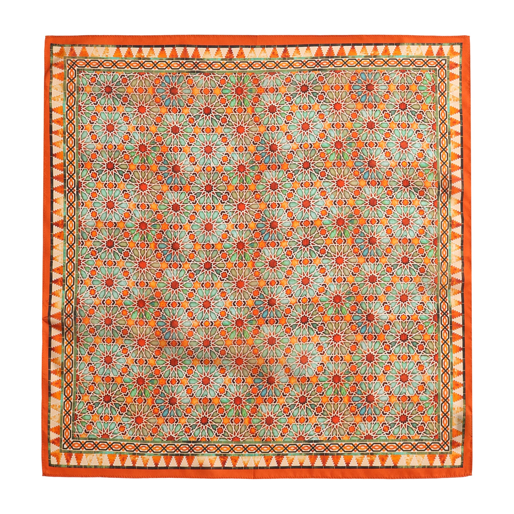 The Orange Square Scarf Zellige features an intricate geometric design in red, blue, green, and orange, bordered by vibrant orange and yellow—an exquisite Islamic art-inspired accessory echoing Spanish craftsmanship.