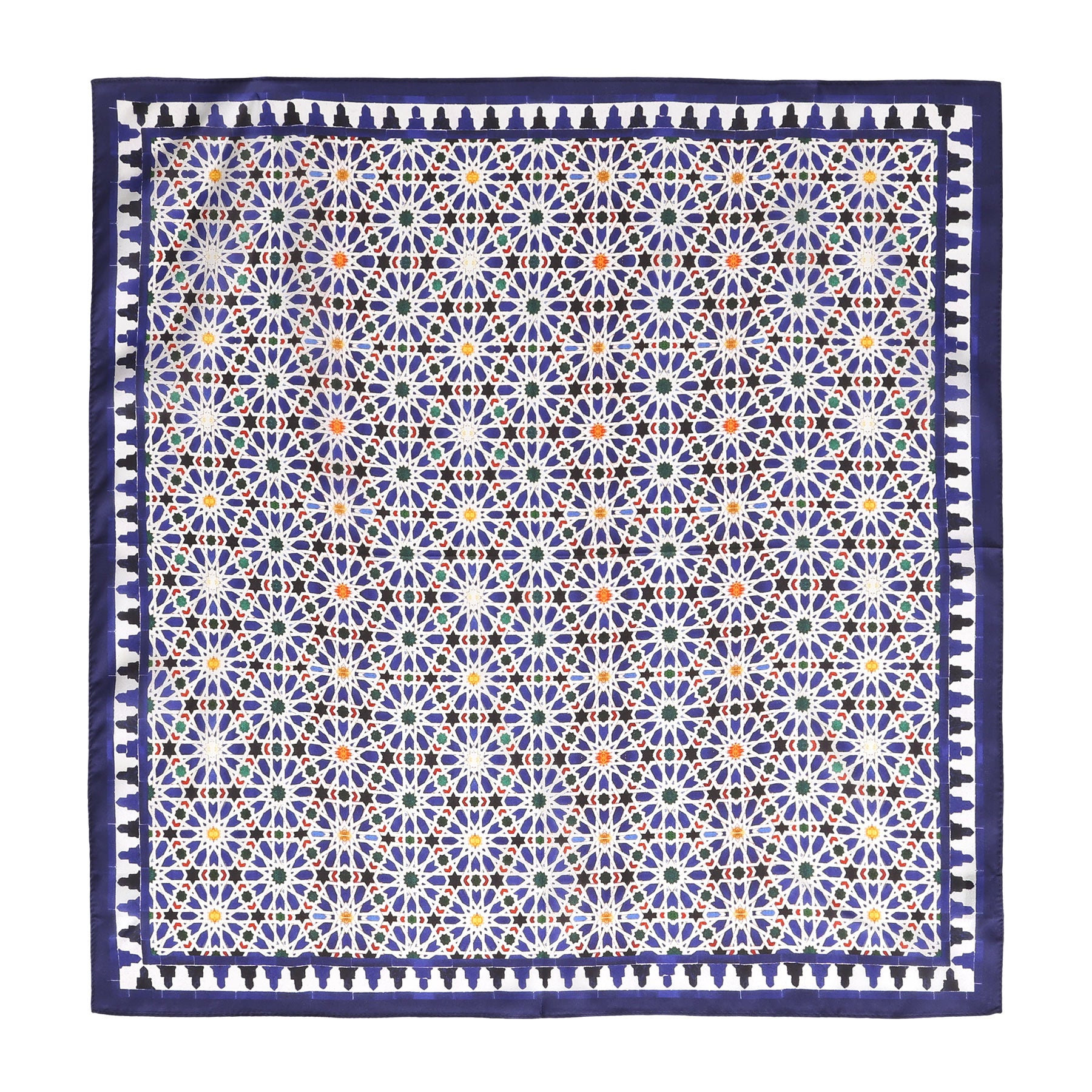 The Blue Square Scarf Zellige v2 features a geometric, floral tile pattern in blue, white, green, and orange with solid blue borders, inspired by traditional Middle Eastern motifs and evoking the elegance of Islamic art.