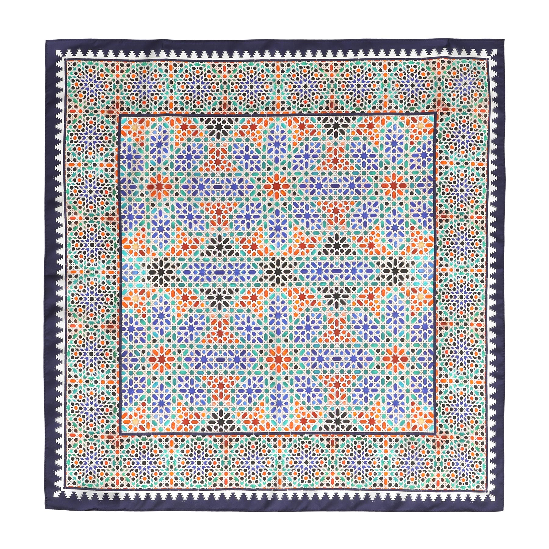 The Square Scarf Blue Madiya is inspired by Alhambra Palace, featuring intricate geometric patterns in vibrant hues with a dark border. Its symmetrical design reflects traditional mosaic tile art and Islamic artistry.