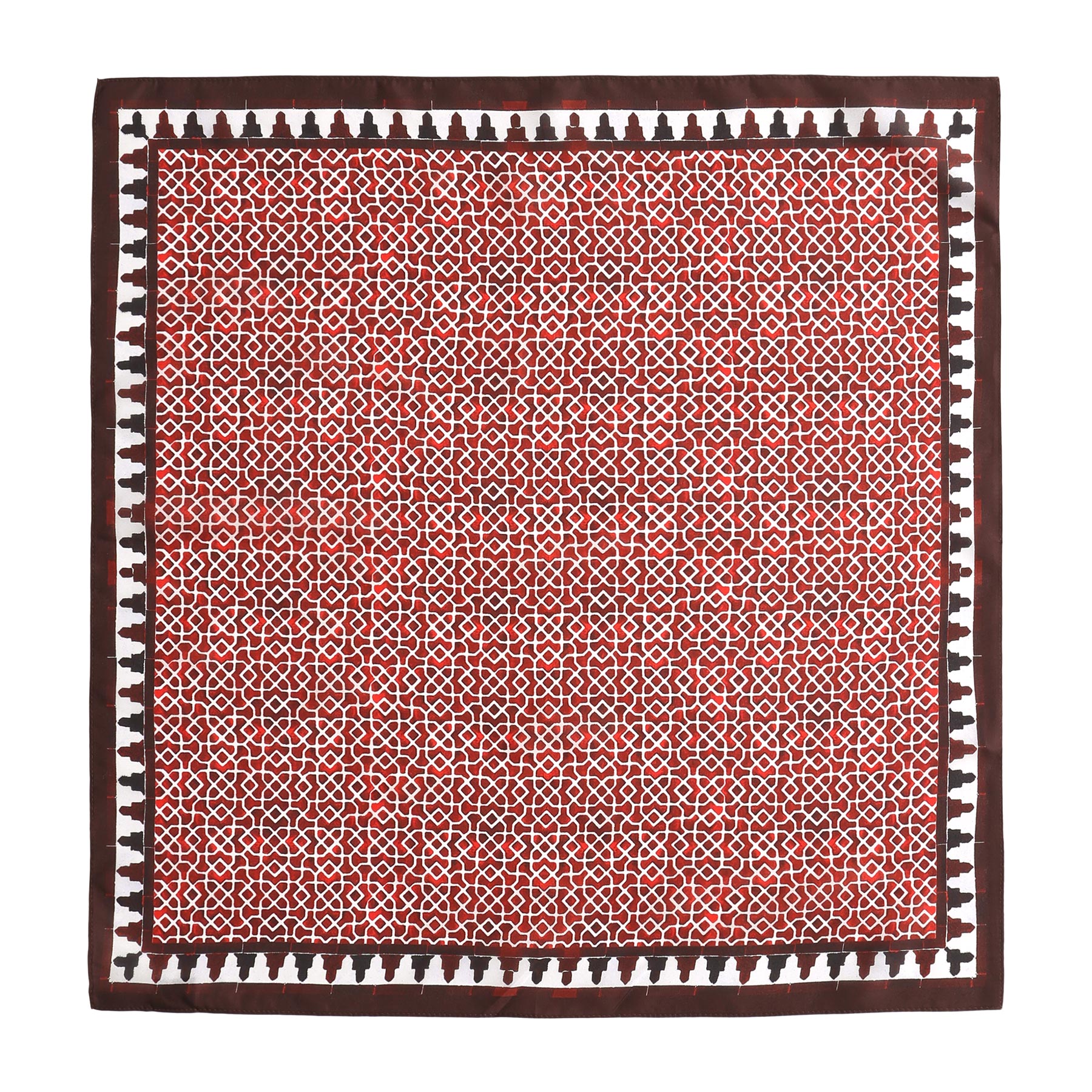 The Red Square Scarf 100% Silk features a dense red and white geometric pattern, a dark border with small triangles, and a symmetrical design inspired by intersecting lines and Islamic art prints.
