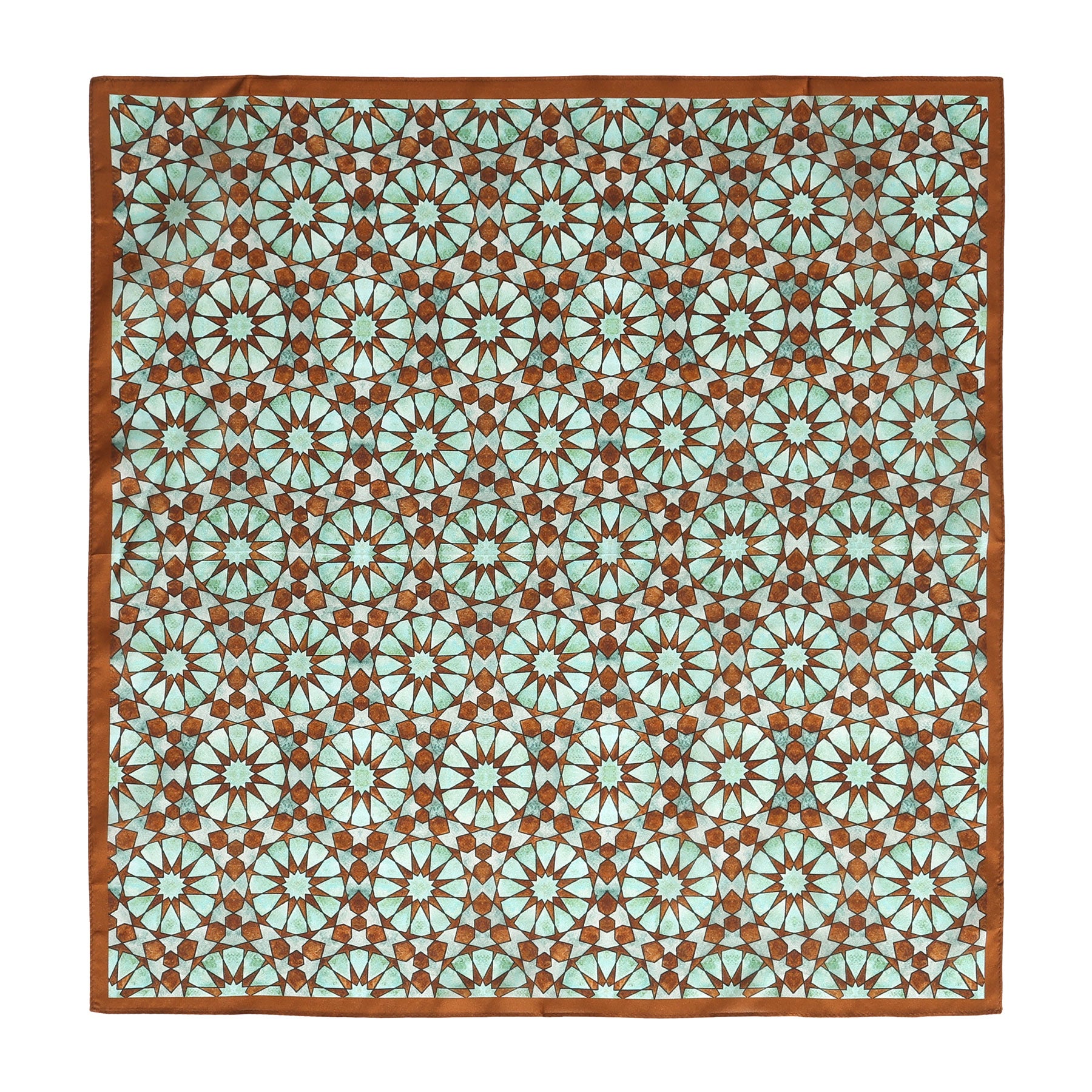 The Brown Silk Neckerchief for Women showcases an intricate Islamic geometric pattern in light blue and brown, framed by a solid brown border—a refined piece inspired by traditional Spanish tile craftsmanship.