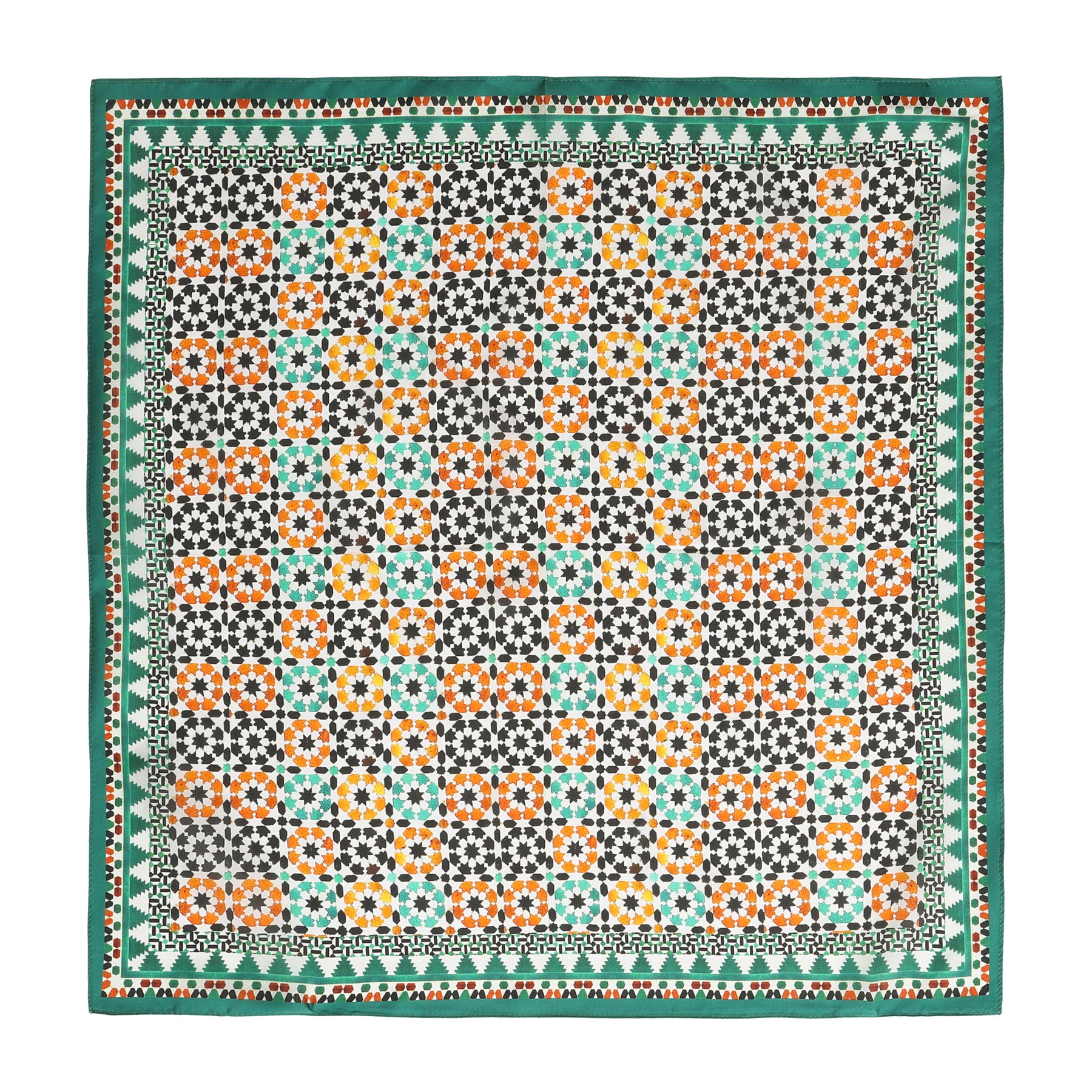 The Green Square Silk Scarf Sabika features a colorful square pattern on a white background, inspired by Islamic art and Spanish craftsmanship.