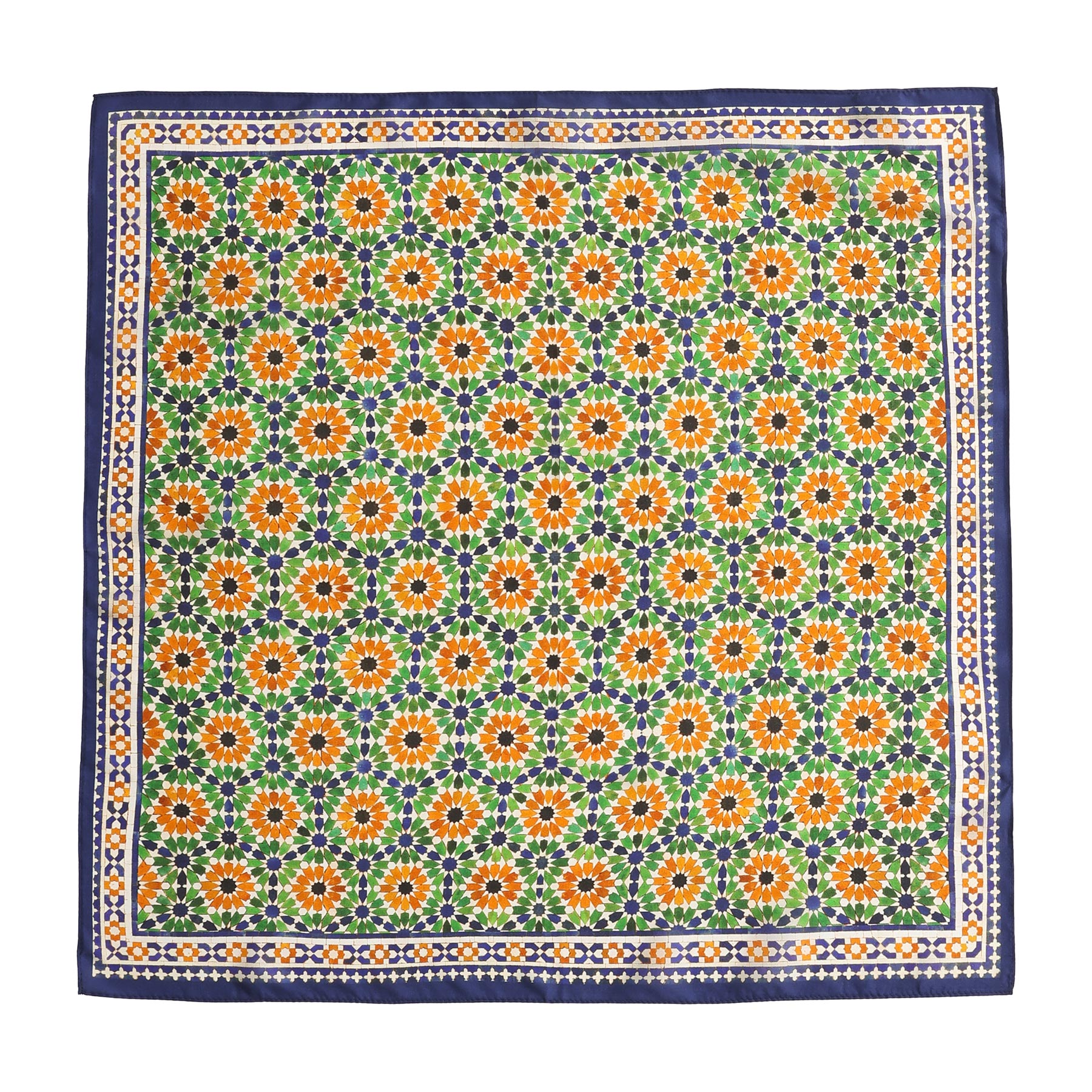 The Islamic Art Print Square Silk Scarf Nur features a geometric blue and yellow border, with a repeating pattern of orange and yellow flowers, green leaves, and white accents.