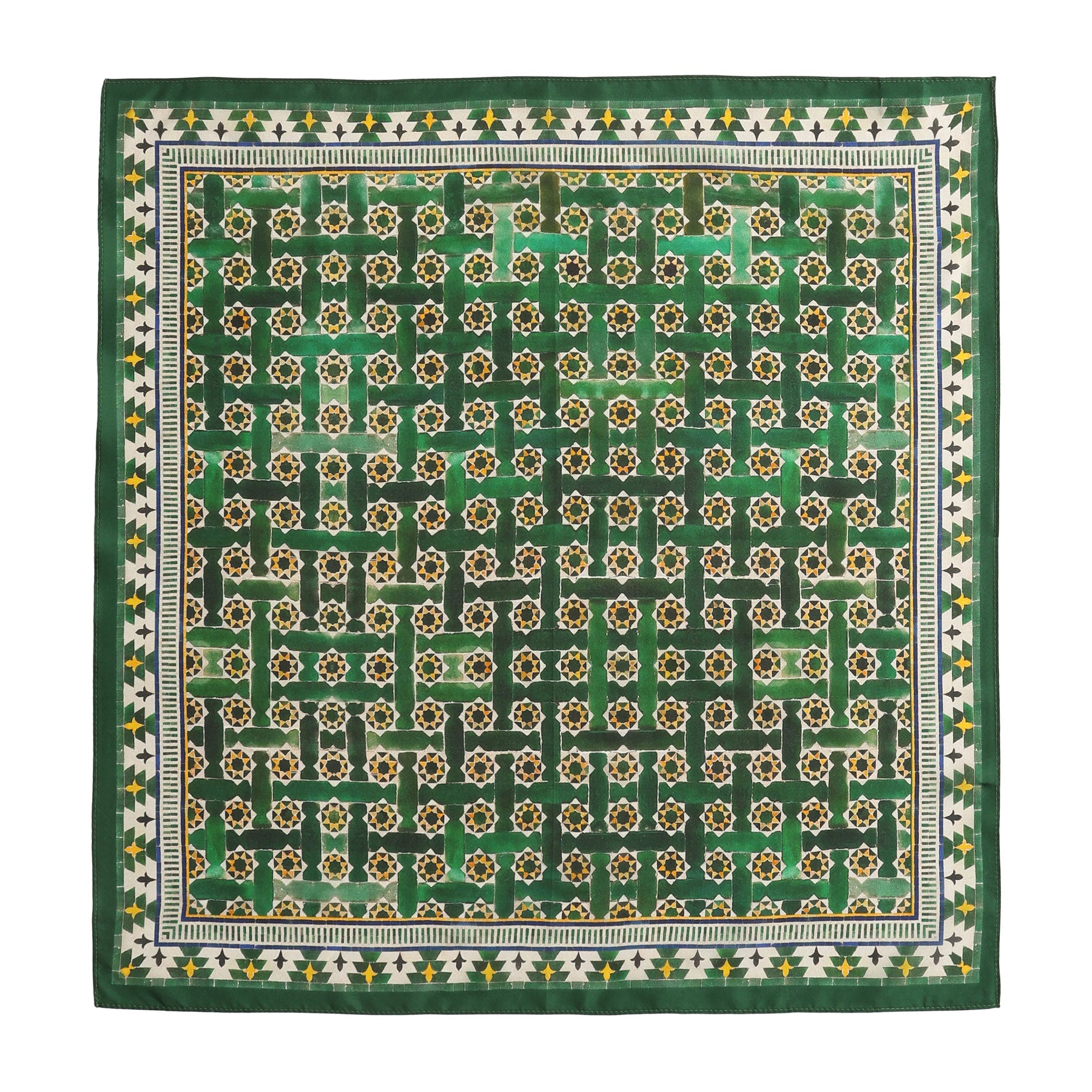 The Green Square Scarf Silk features an intricate geometric pattern inspired by Alhambra Palace, with star and floral motifs, a decorative striped border, and shades of green, white, and gold.