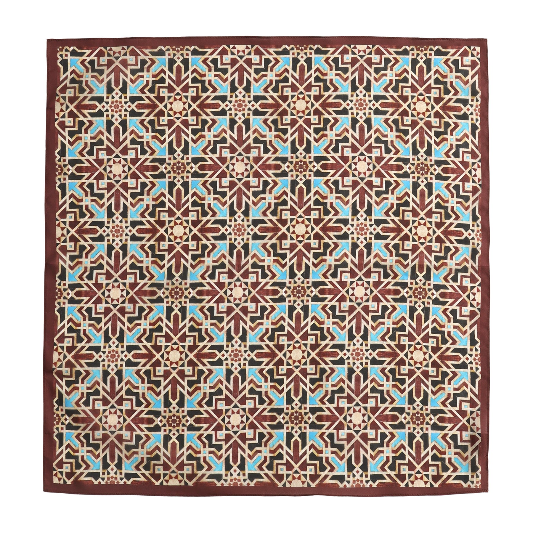 The Brown Silk Neckerchief is a square accessory with detailed geometric patterns—interlocking stars and polygons in burgundy, beige, blue, and black—drawing inspiration from Islamic art and finished with a solid burgundy border.