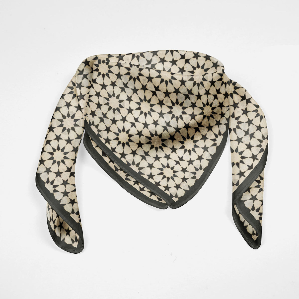 Black and Cream Silk Square Scarf Nujum shown from another angle