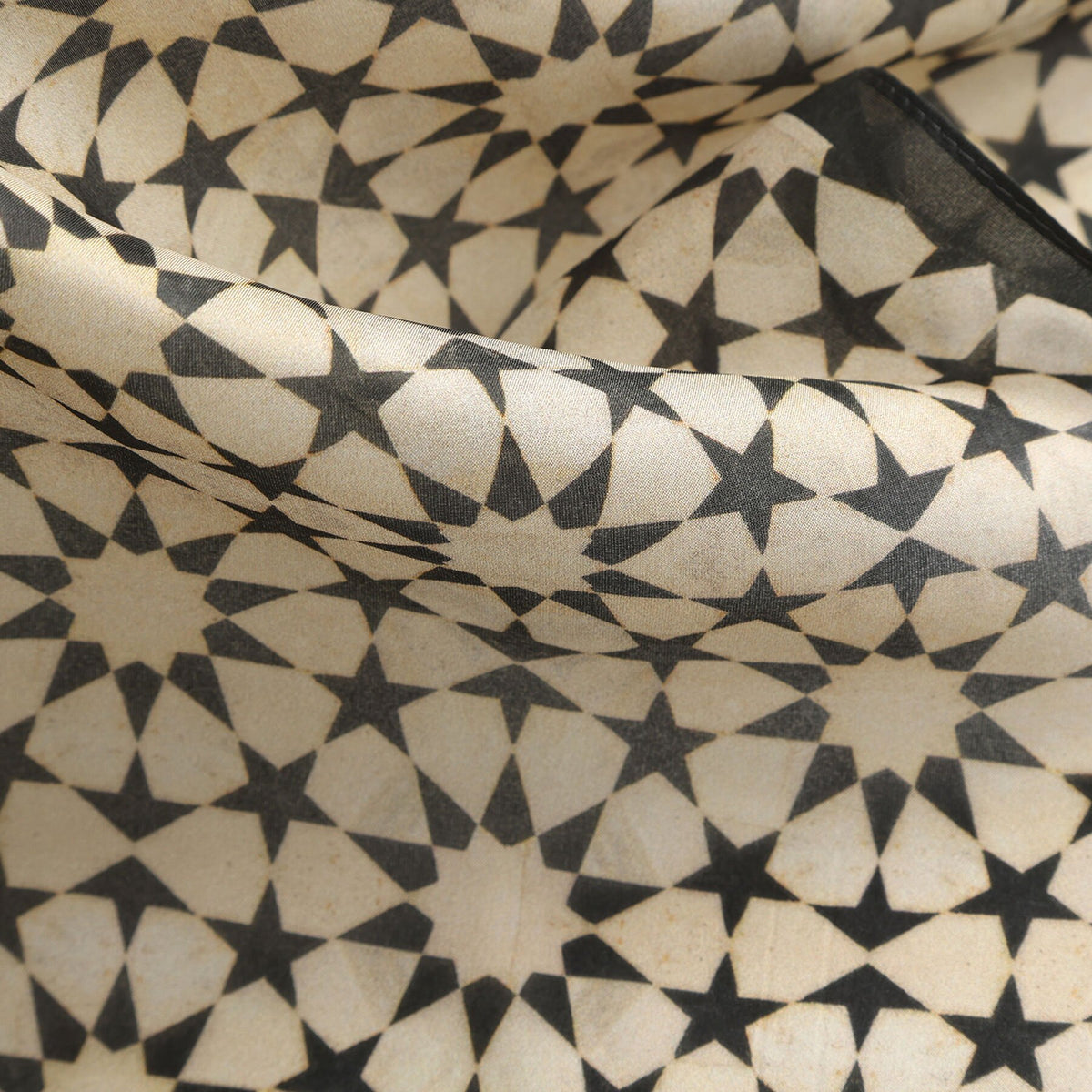Black and Cream Silk Square Scarf Nujum draped to show how the silk falls