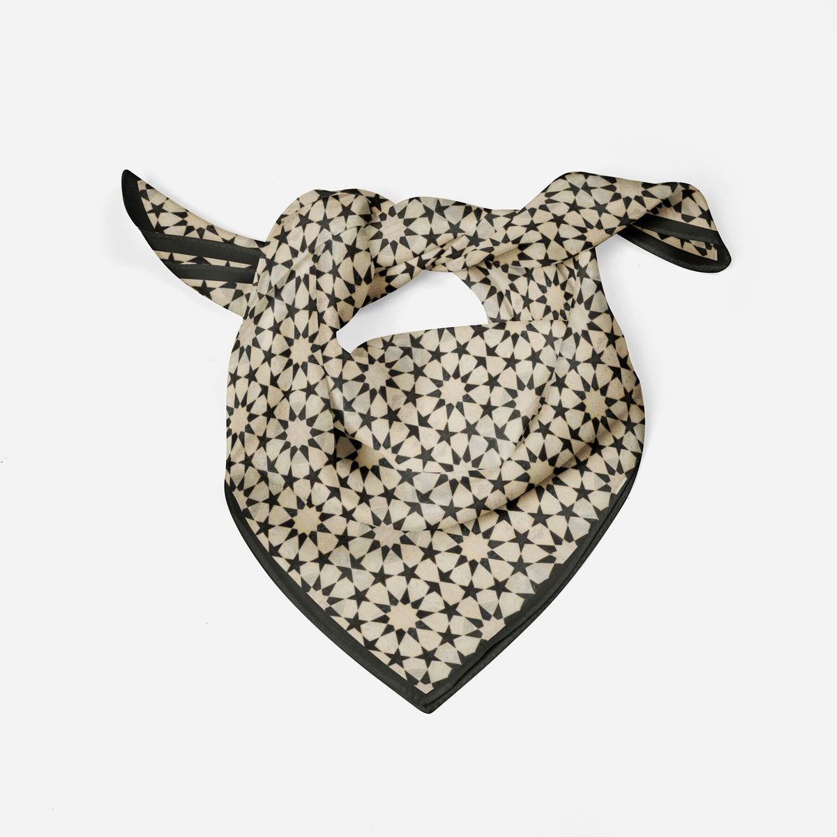 Black and Cream Silk Square Scarf Nujum folded into a triangle