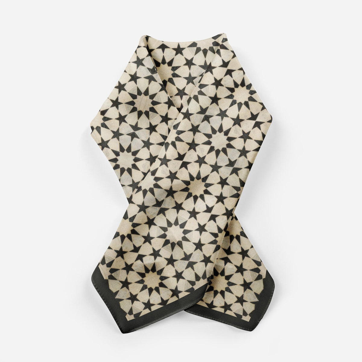 Black and Cream Silk Square Scarf Nujum tied as a neckerchief