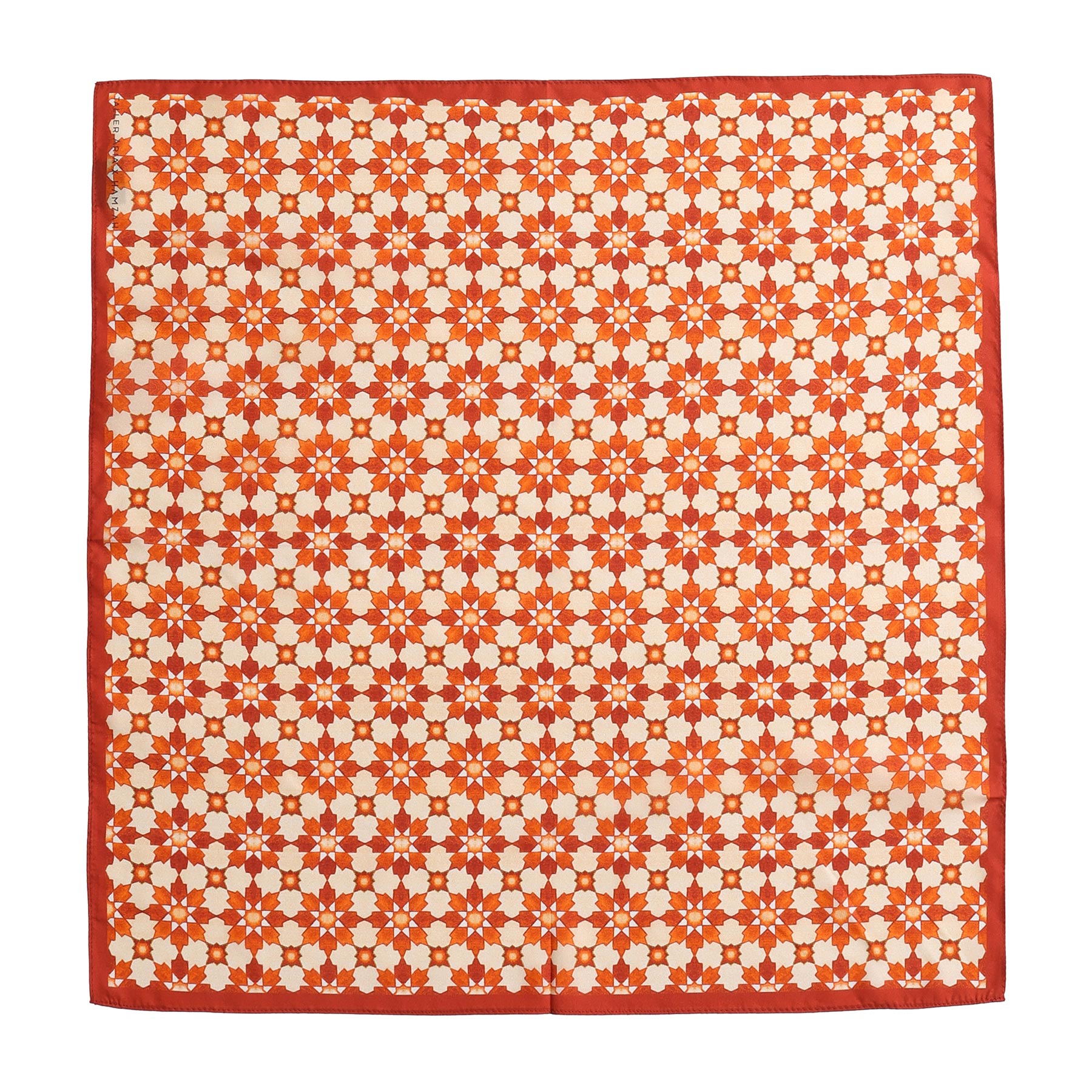 The Silk Neckerchief Orange Islamic Art Print features a symmetrical geometric floral pattern in red, orange, and cream with a solid red border, inspired by Islamic art and evenly spaced across the square silk fabric.