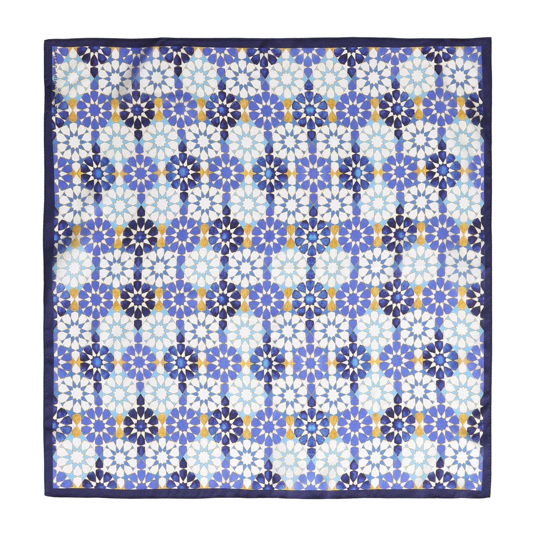 Blue Neck Scarf 100% Silk features an intricate geometric pattern in blue, white, gold, and black inspired by Alhambra Palace tile designs, finished with a solid dark blue border.