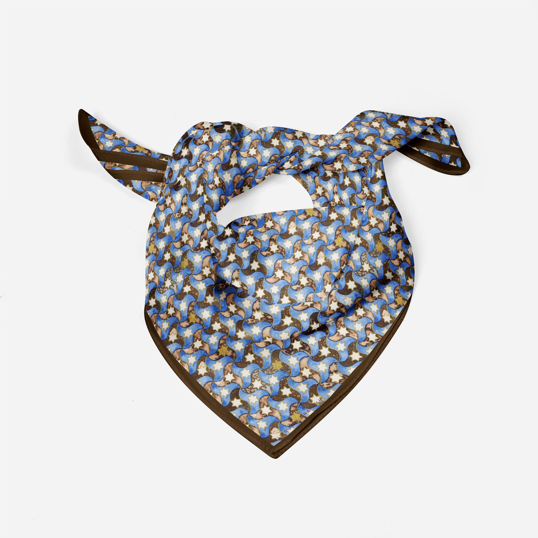 The Silk Square Scarf for Women in Brown features a blue, white, and brown geometric pattern inspired by Islamic art, with a brown border, displayed on a plain white background.
