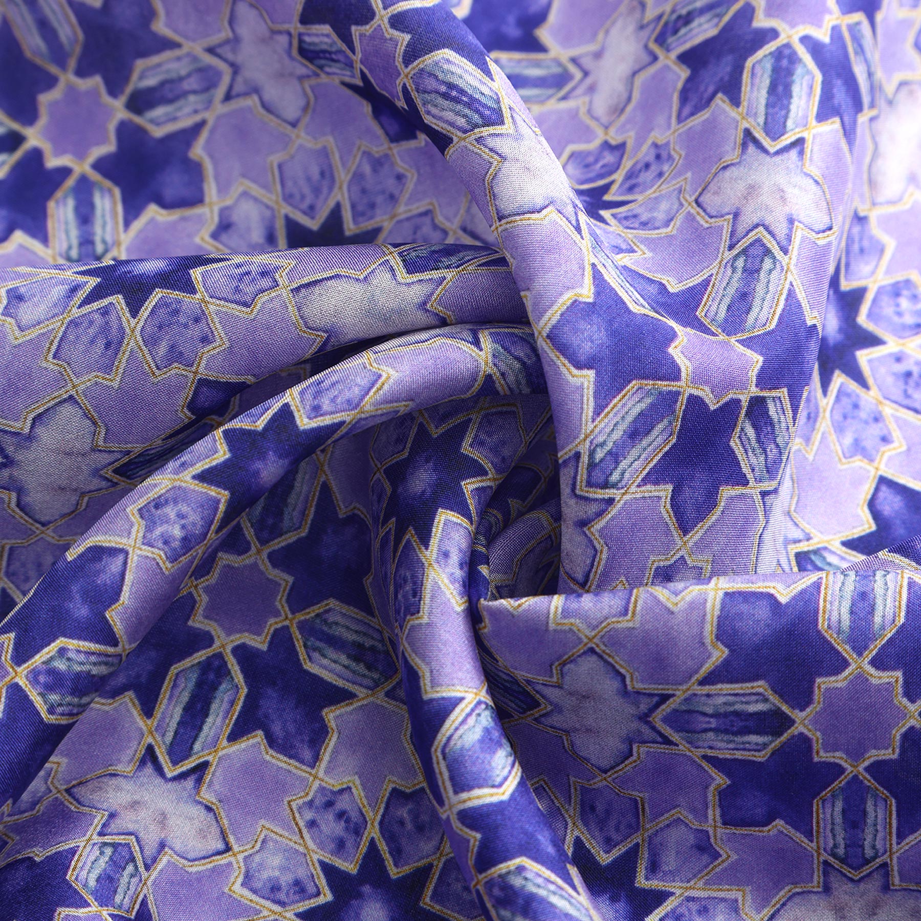 Close-up of the Square Silk Scarf for Women in purple, featuring an intricate geometric pattern in blue and purple with gold outlines, inspired by traditional Middle Eastern or Islamic art motifs.