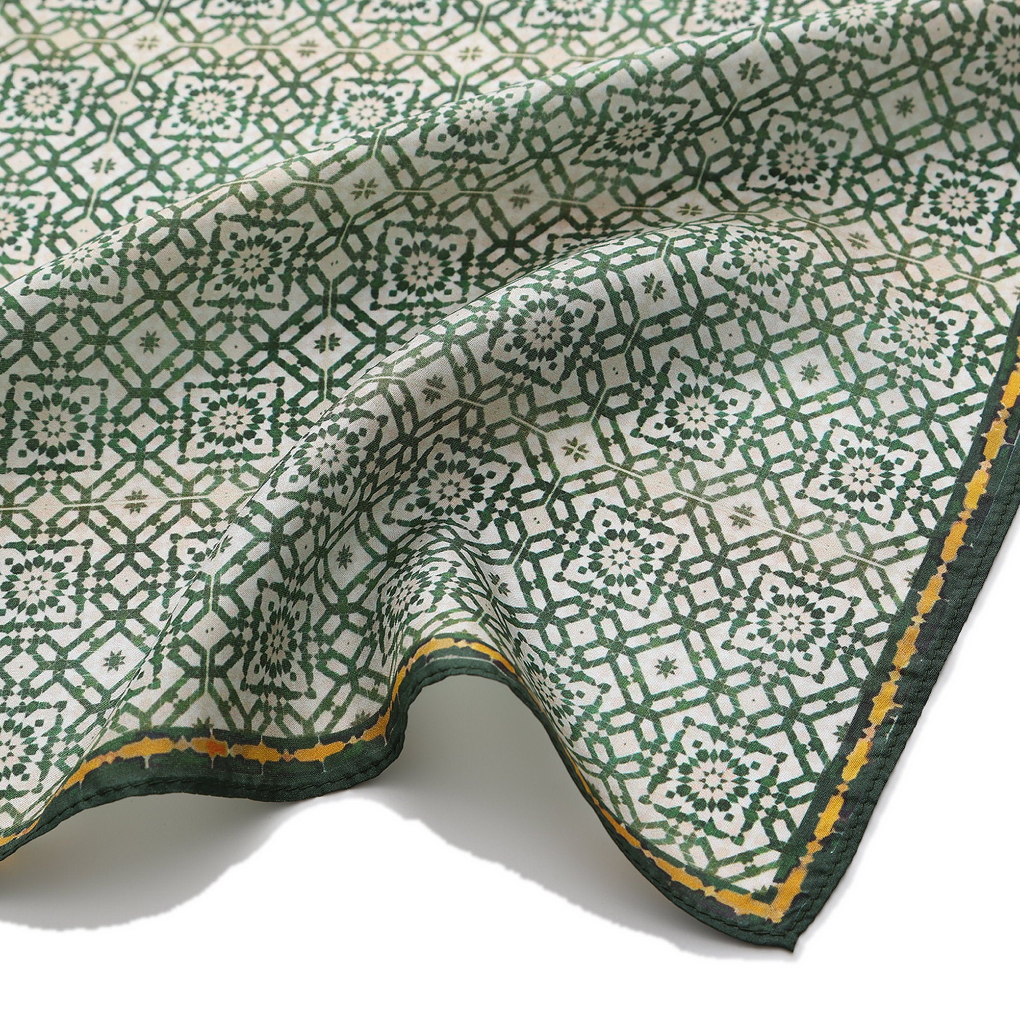 Green Silk Square Scarf Azahar draped to show how the silk falls